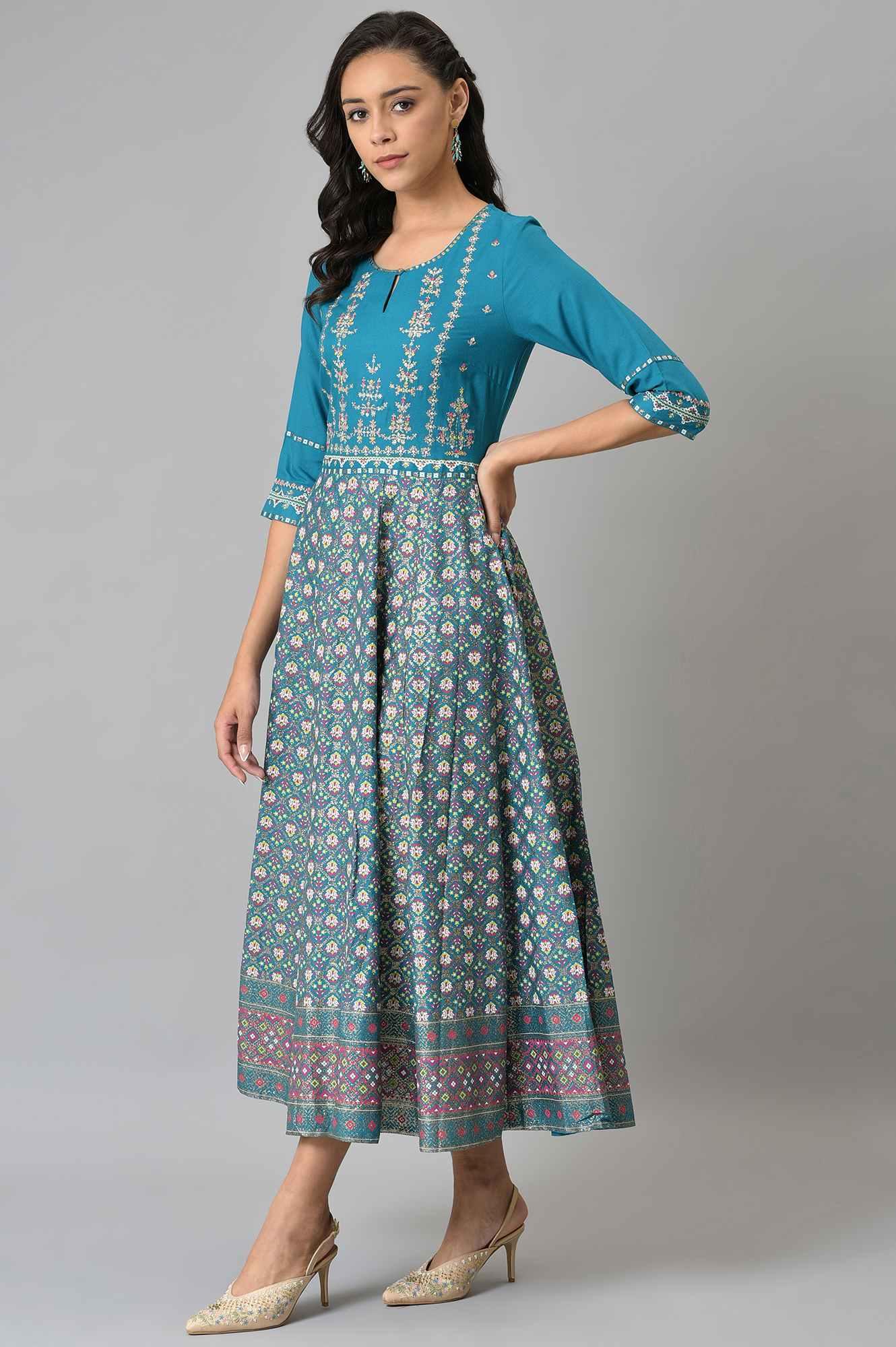 Teal Glitter Printed Dress With Embroidery - wforwoman