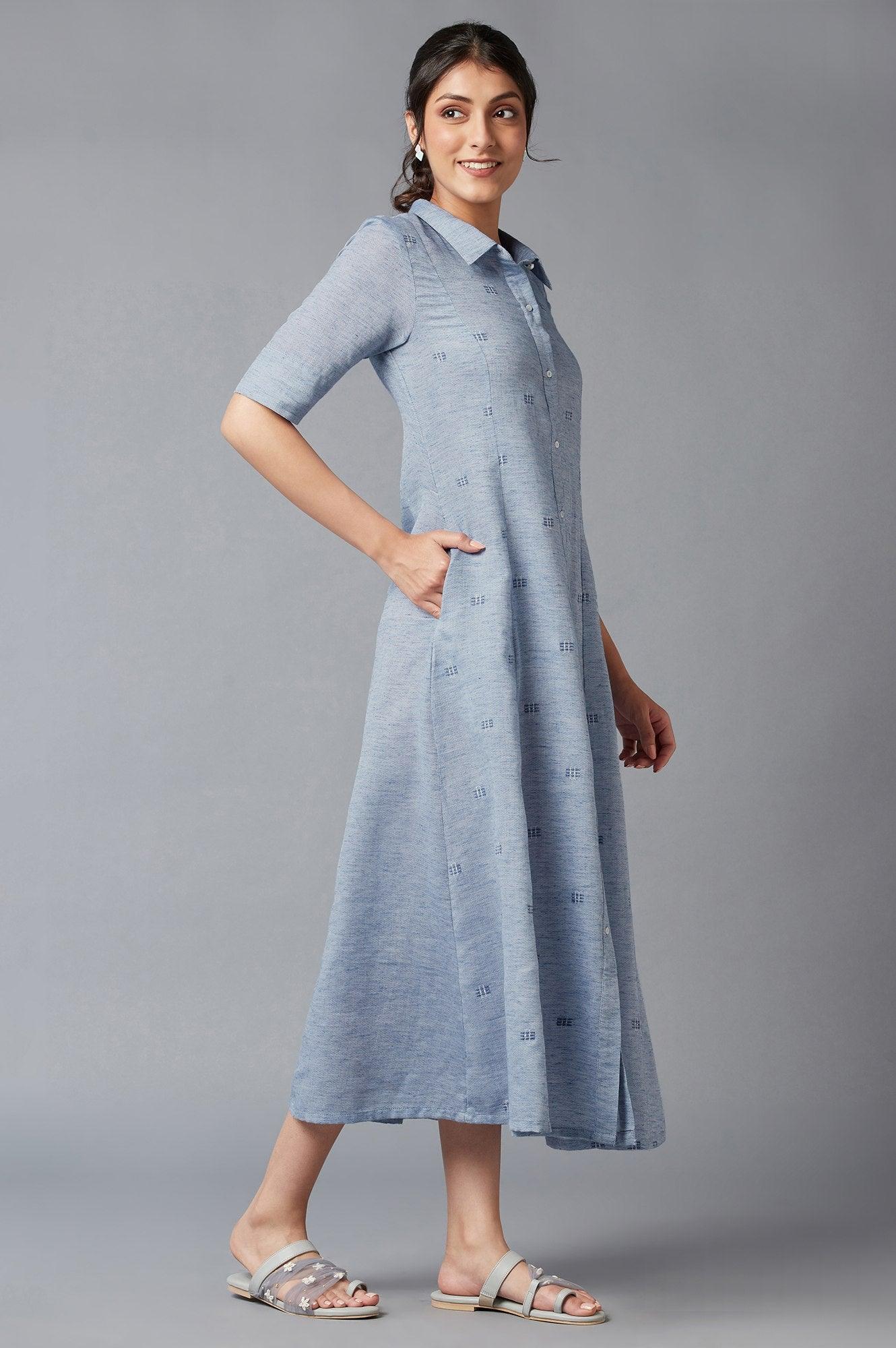 Blue Chambray Embroidered Cotton Dress - wforwoman