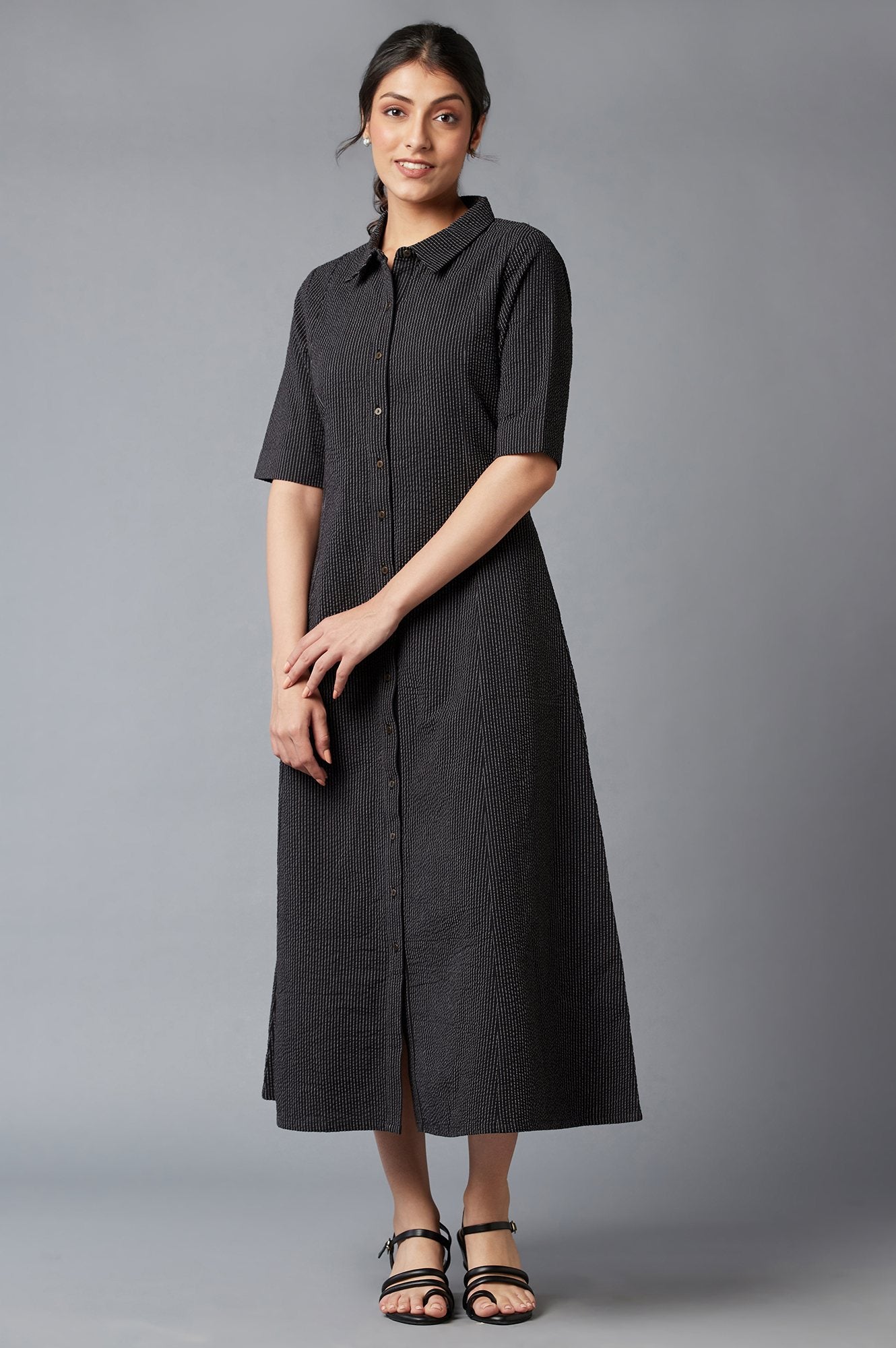 Ercu And Black Embroidered Cotton Shirt Dress