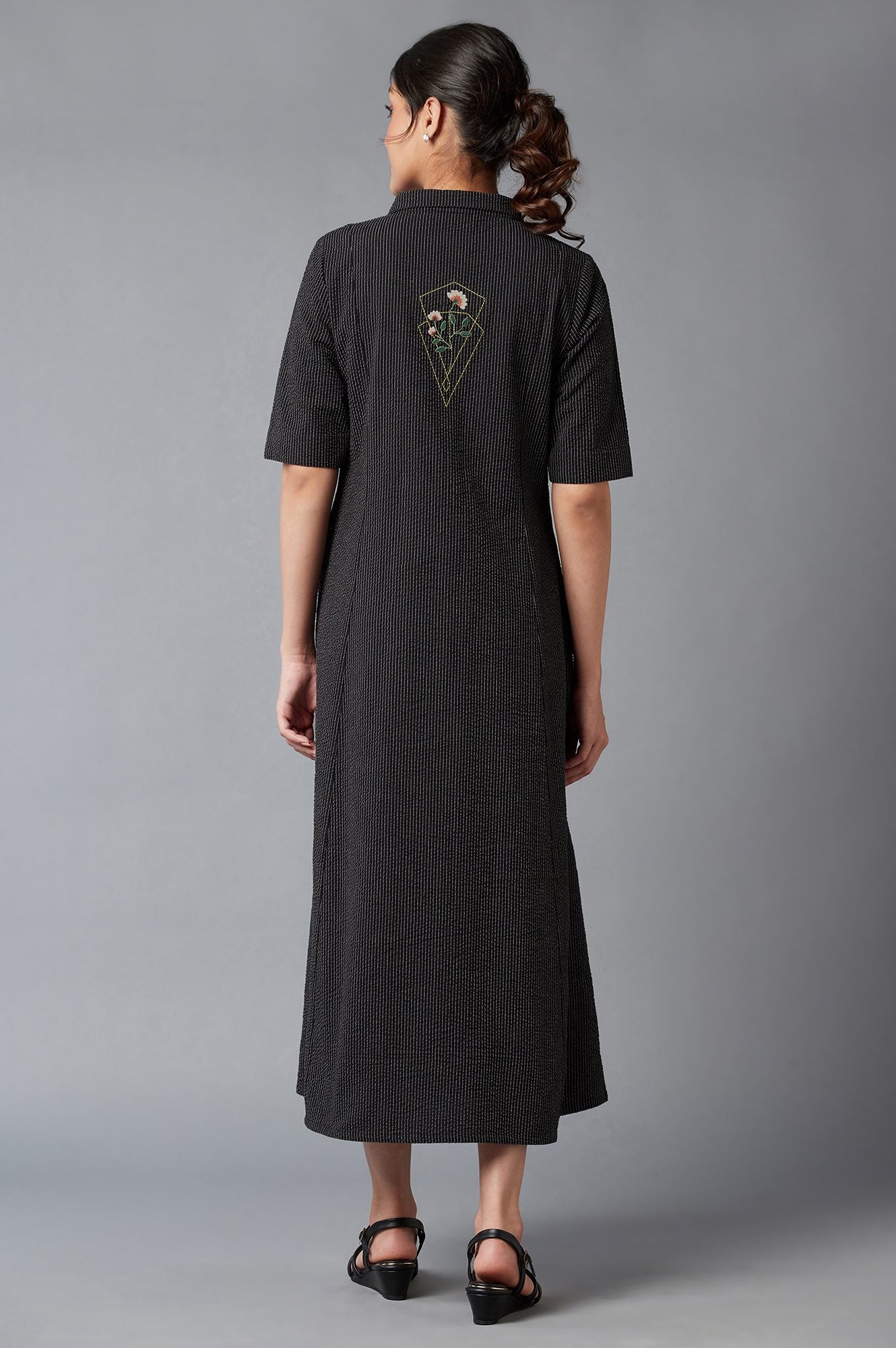 Ercu And Black Embroidered Cotton Shirt Dress