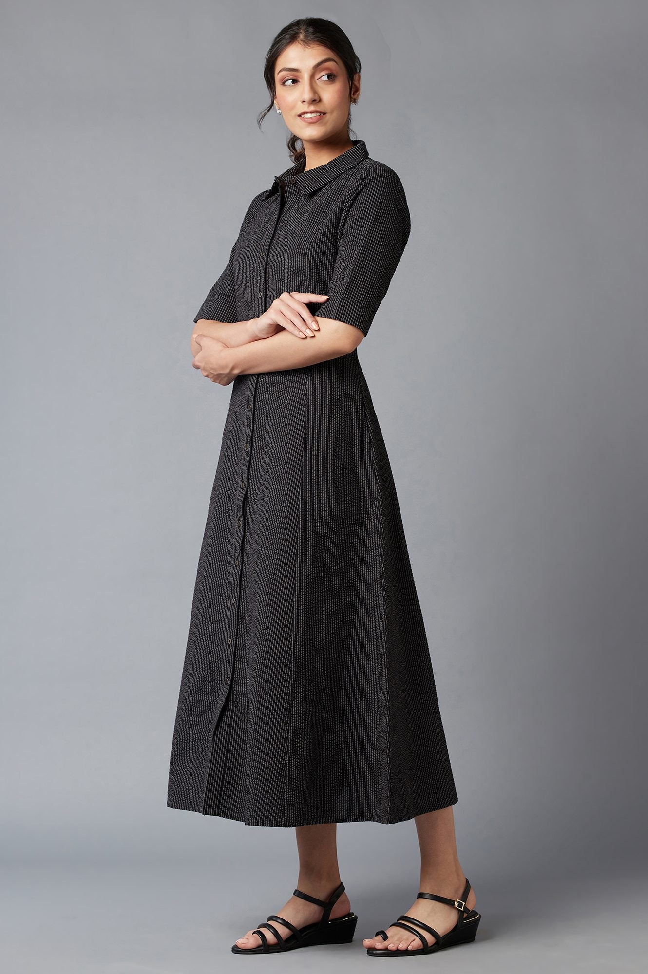 Ercu And Black Embroidered Cotton Shirt Dress