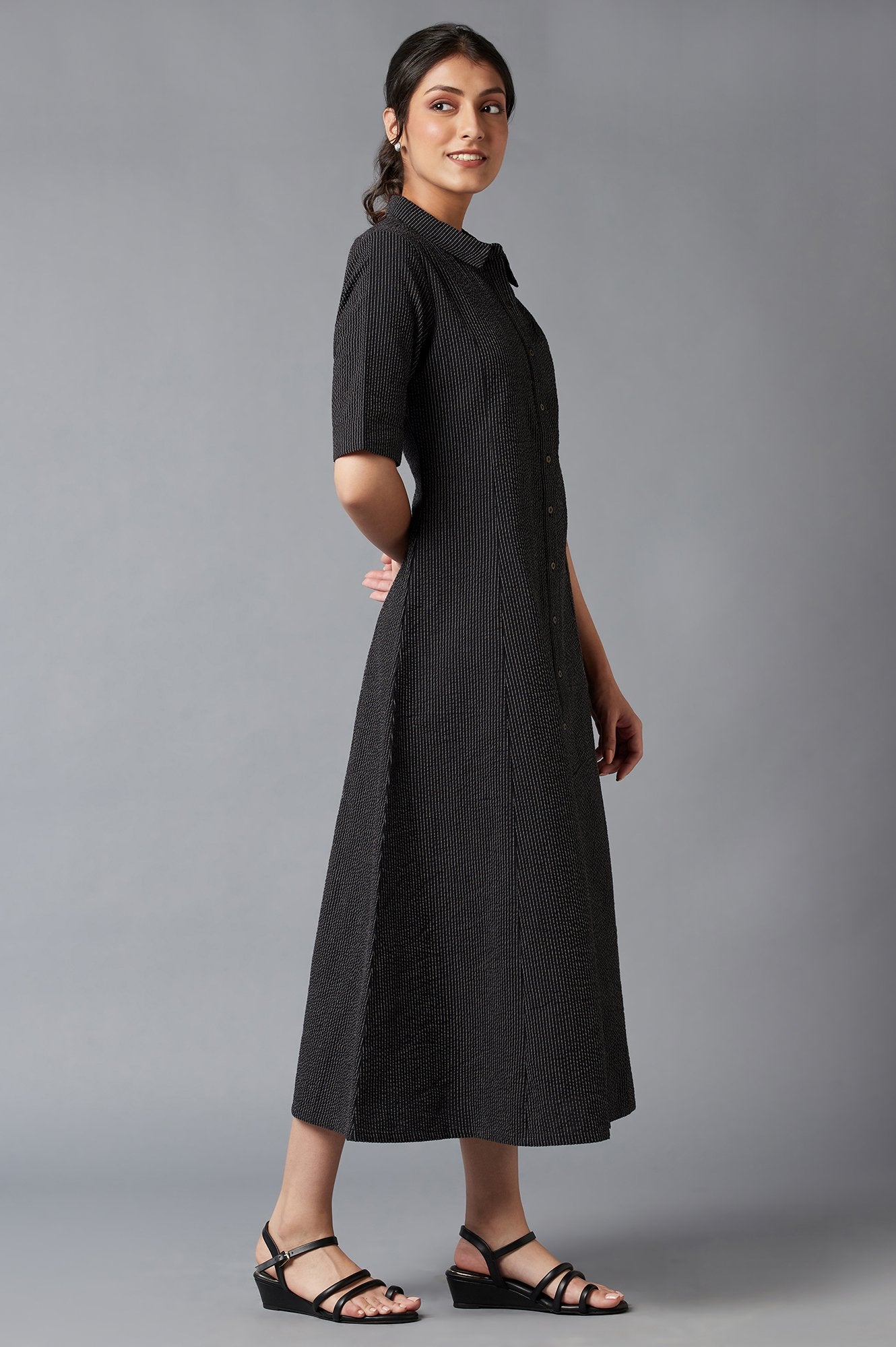 Ercu And Black Embroidered Cotton Shirt Dress