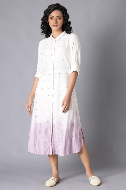 Ecru And Lavender A-Line Long Shirt Dress - wforwoman