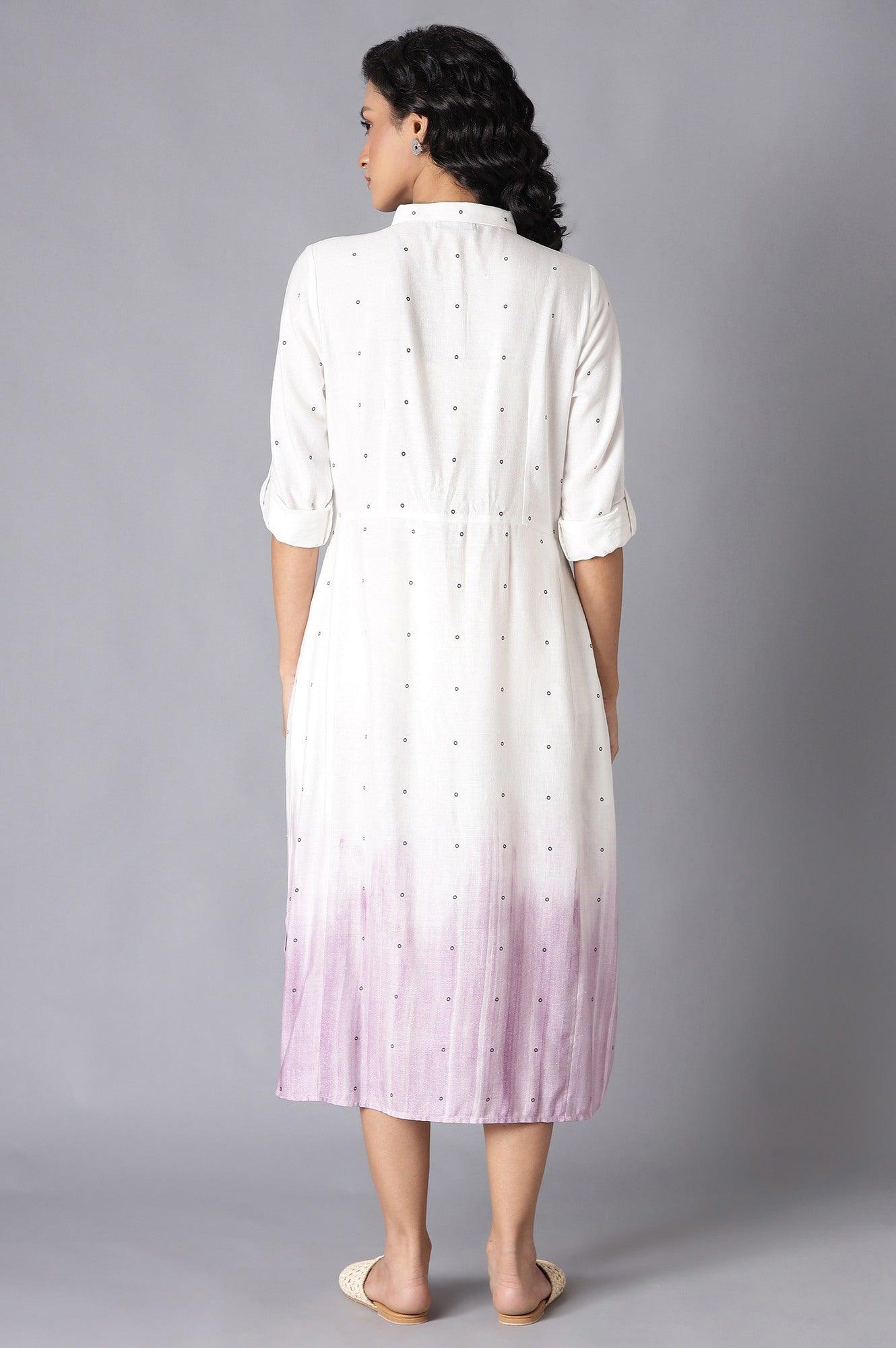 Ecru And Lavender A-Line Long Shirt Dress - wforwoman