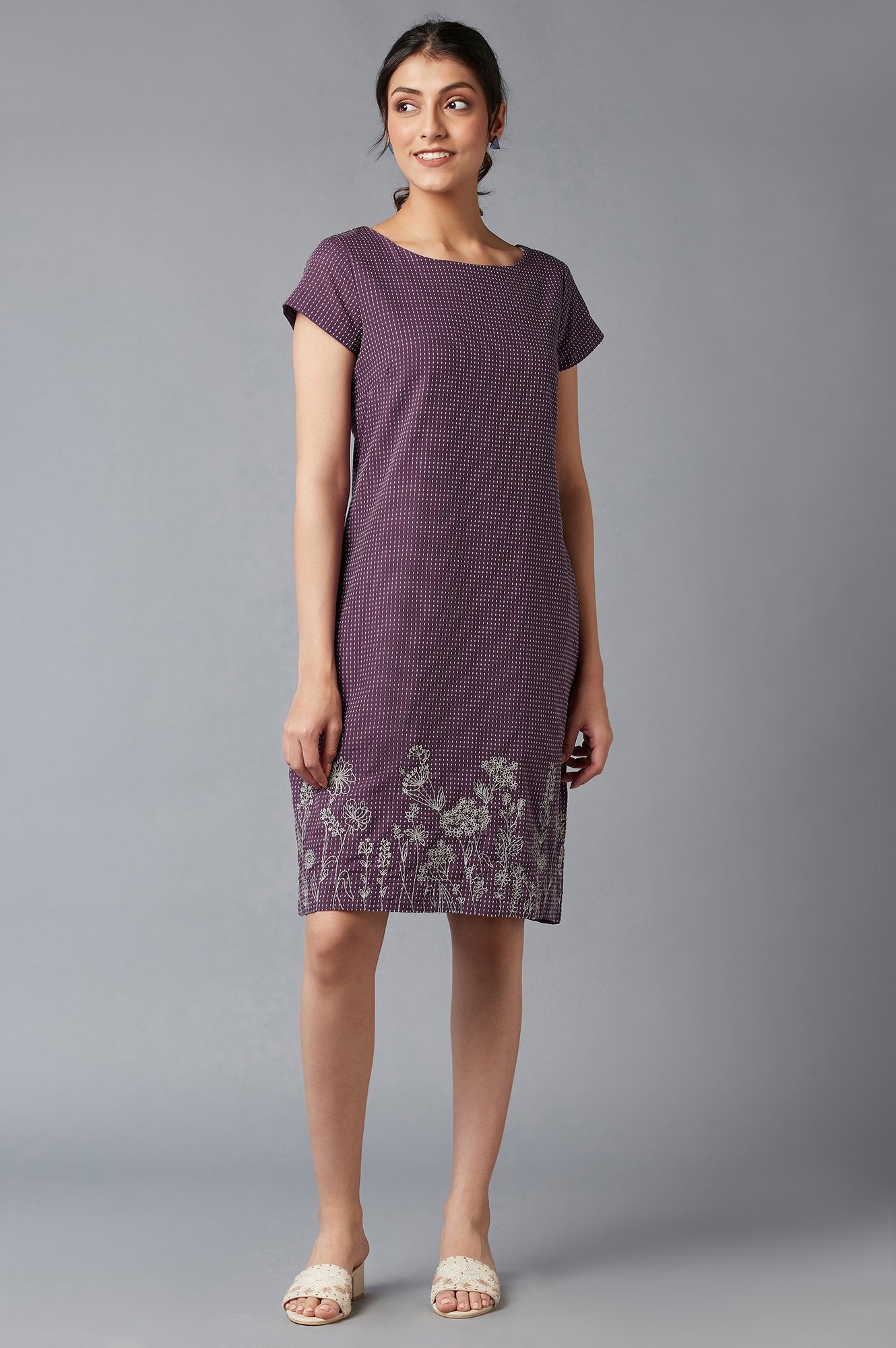 Purple Dobby Cotton Dress In Round Neck