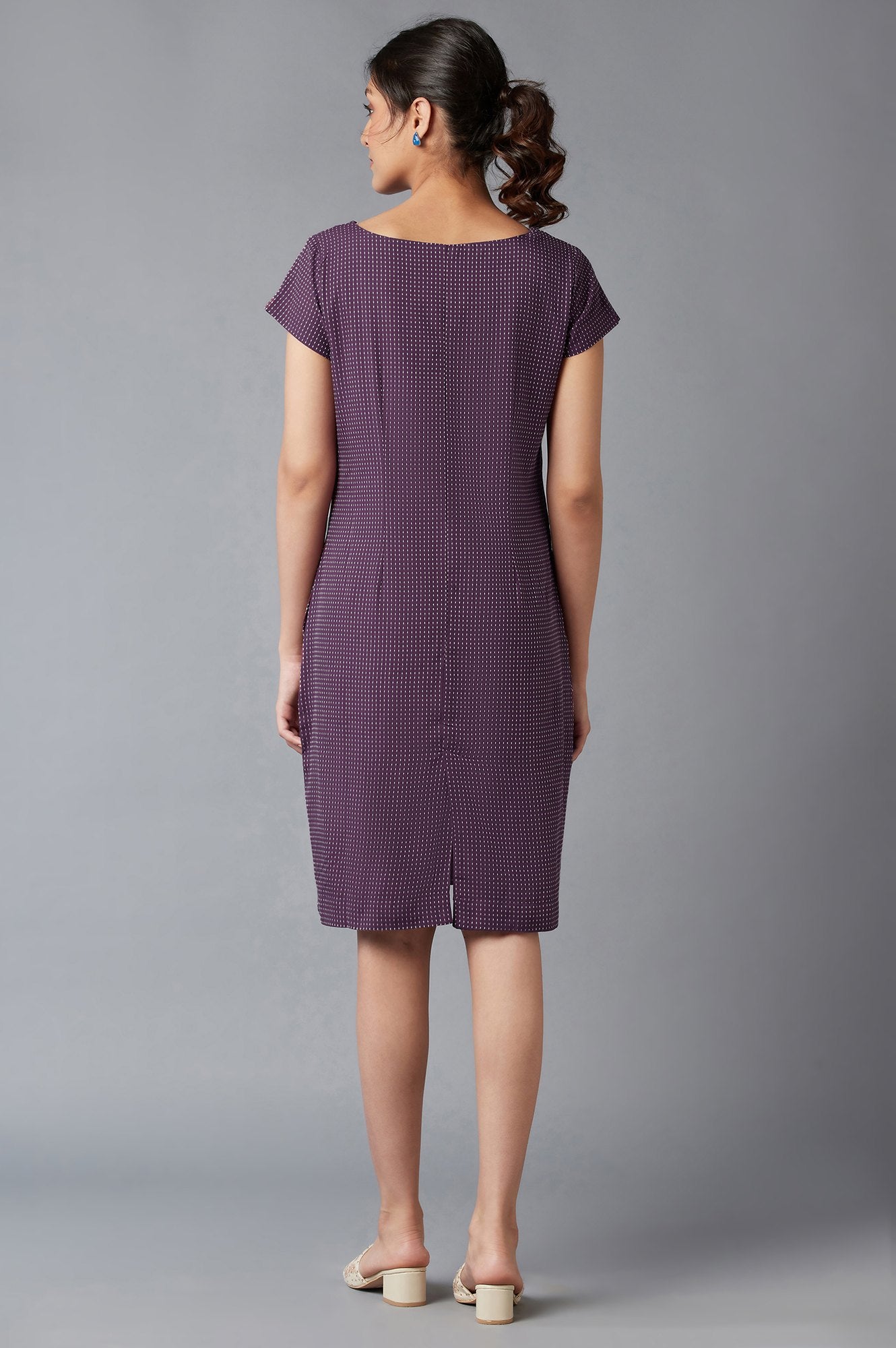 Purple Dobby Cotton Dress In Round Neck