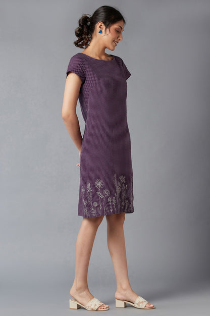 Purple Dobby Cotton Dress In Round Neck