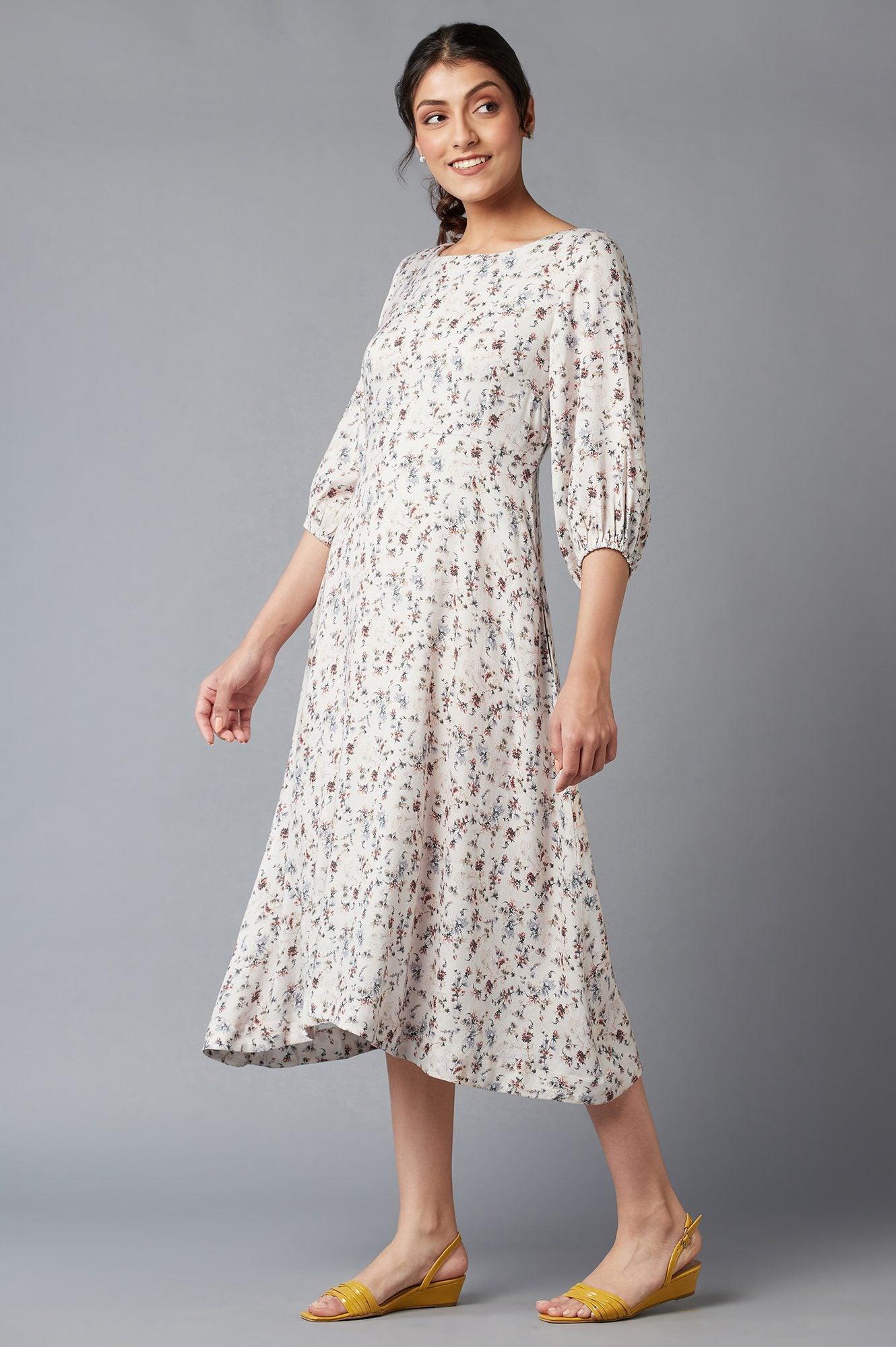 Light Pink Floral Print Dress In Round Neck - wforwoman