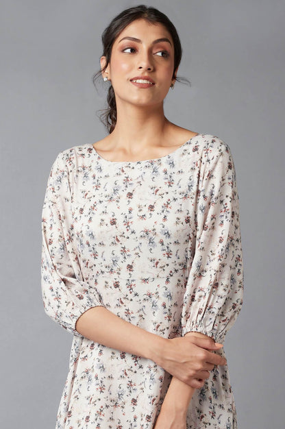 Light Pink Floral Print Dress In Round Neck - wforwoman