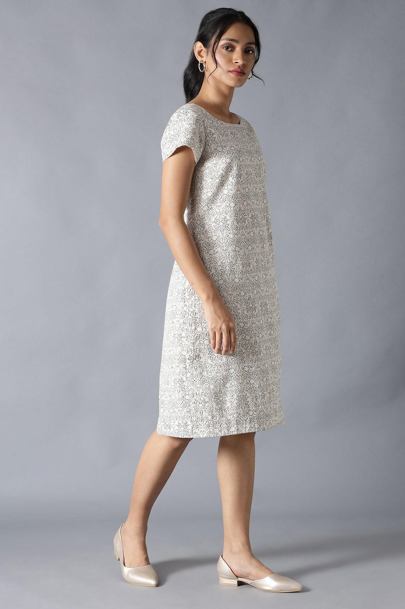 Ecru Cotton Embroidered Dress In Round Neck - wforwoman