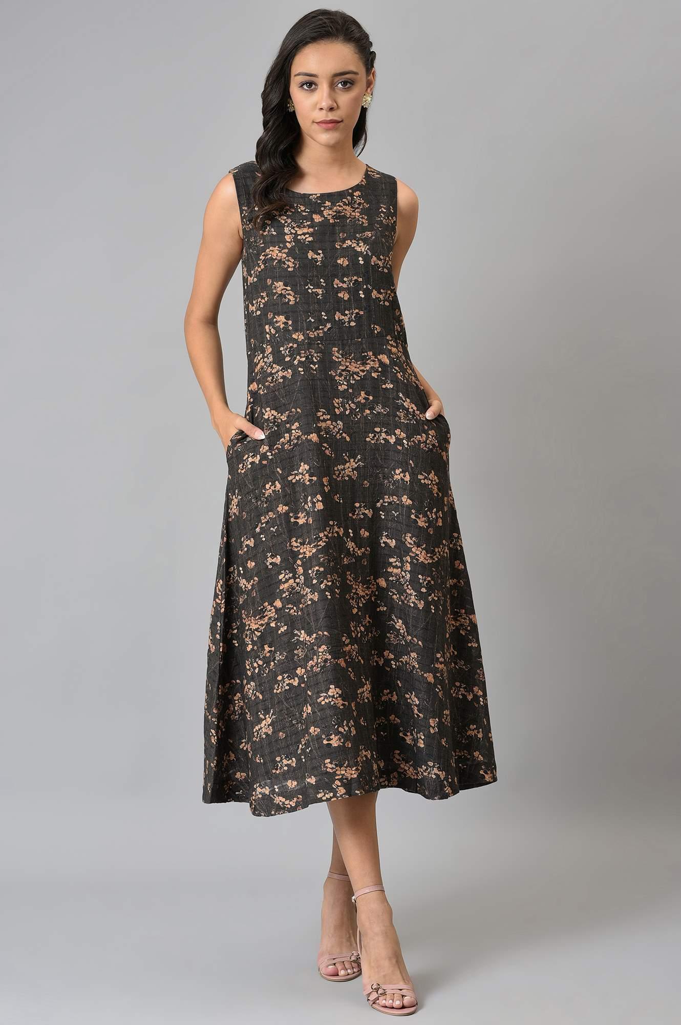 Dark Brown Floral Print Maxi Dress - wforwoman