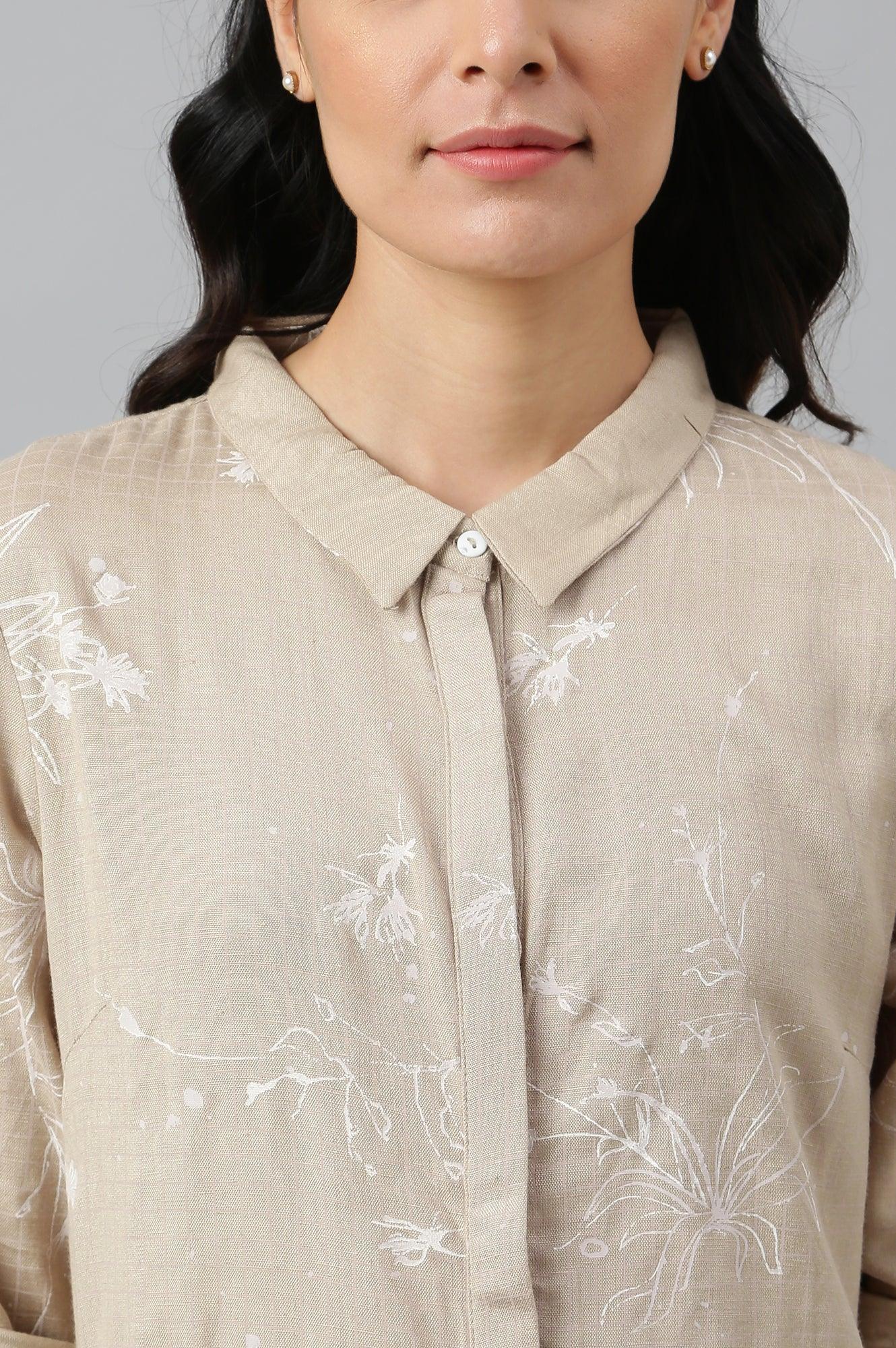 Beige Floral Print Shirt Dress - wforwoman