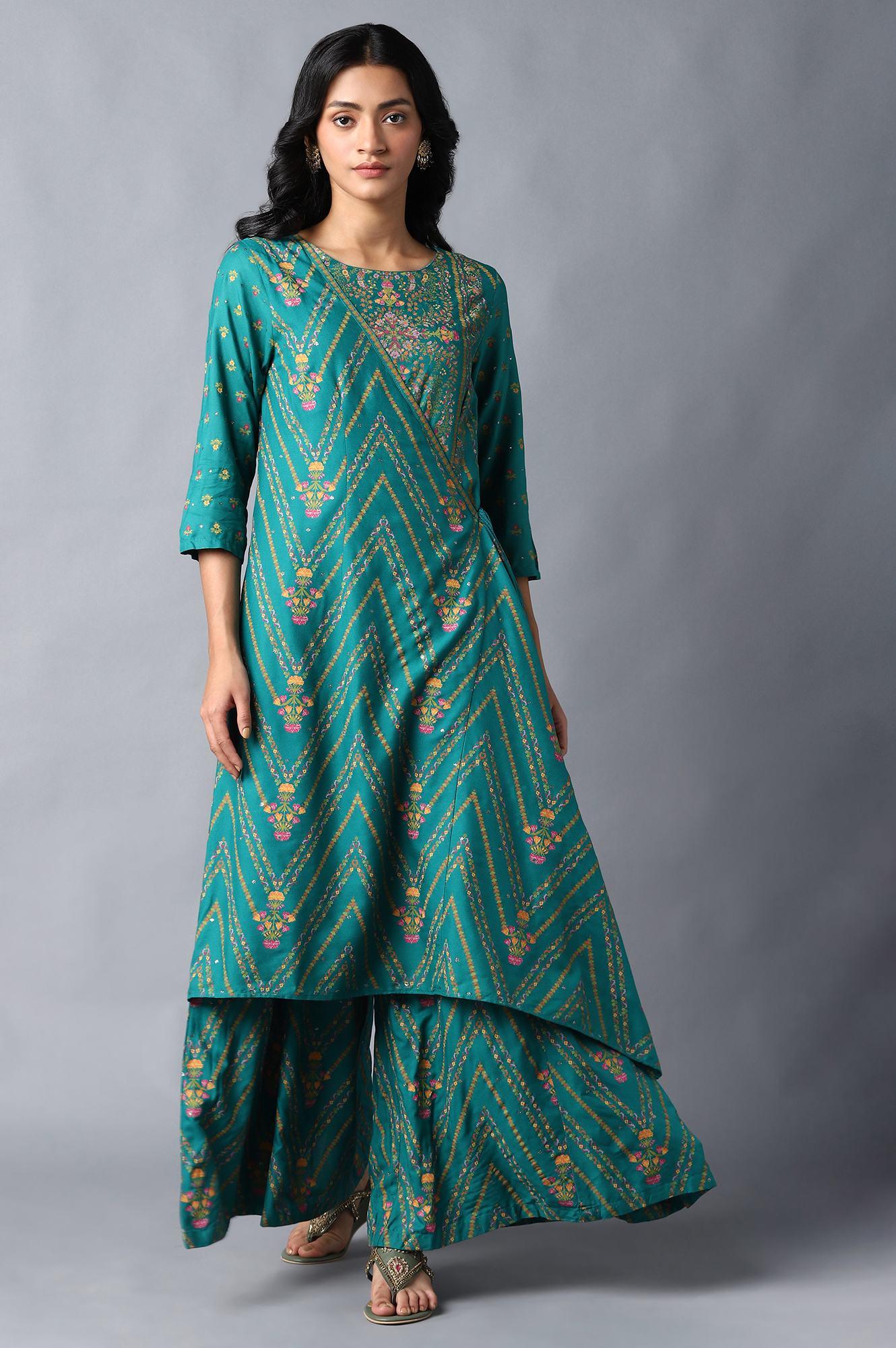 Teal Green Angrakha Jumpsuit In Round Neck - wforwoman