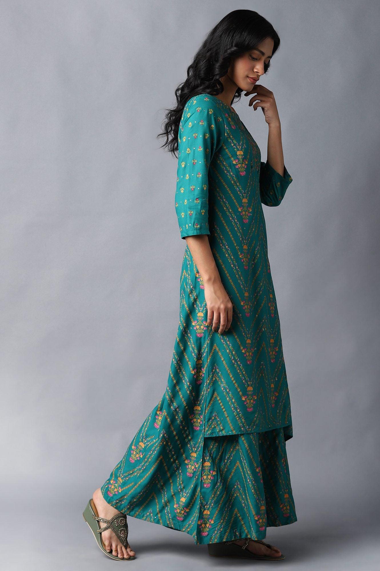 Teal Green Angrakha Jumpsuit In Round Neck - wforwoman