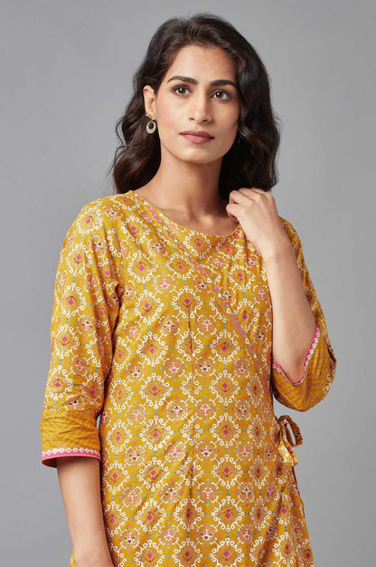 Mustard Yellow Angrakha Jumpsuit in Round Neck - wforwoman