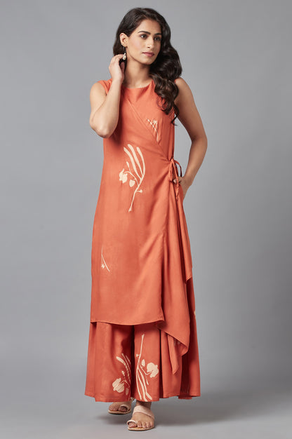 Rust Orange Sleeveless Angrakha Jumpsuit in Round Neck