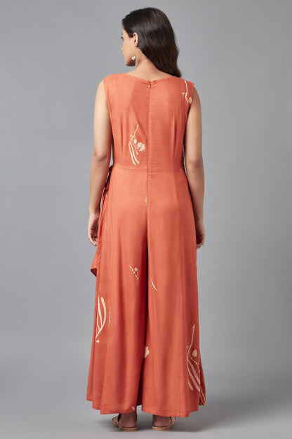 Rust Orange Sleeveless Angrakha Jumpsuit in Round Neck