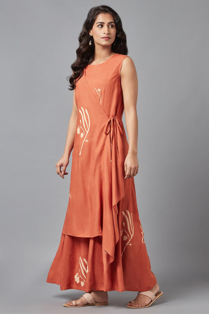 Rust Orange Sleeveless Angrakha Jumpsuit in Round Neck