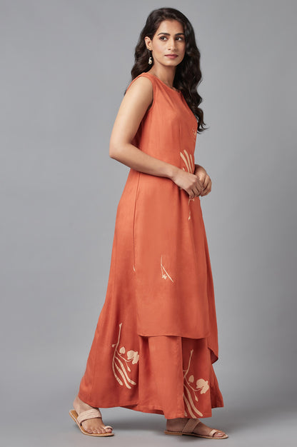 Rust Orange Sleeveless Angrakha Jumpsuit in Round Neck