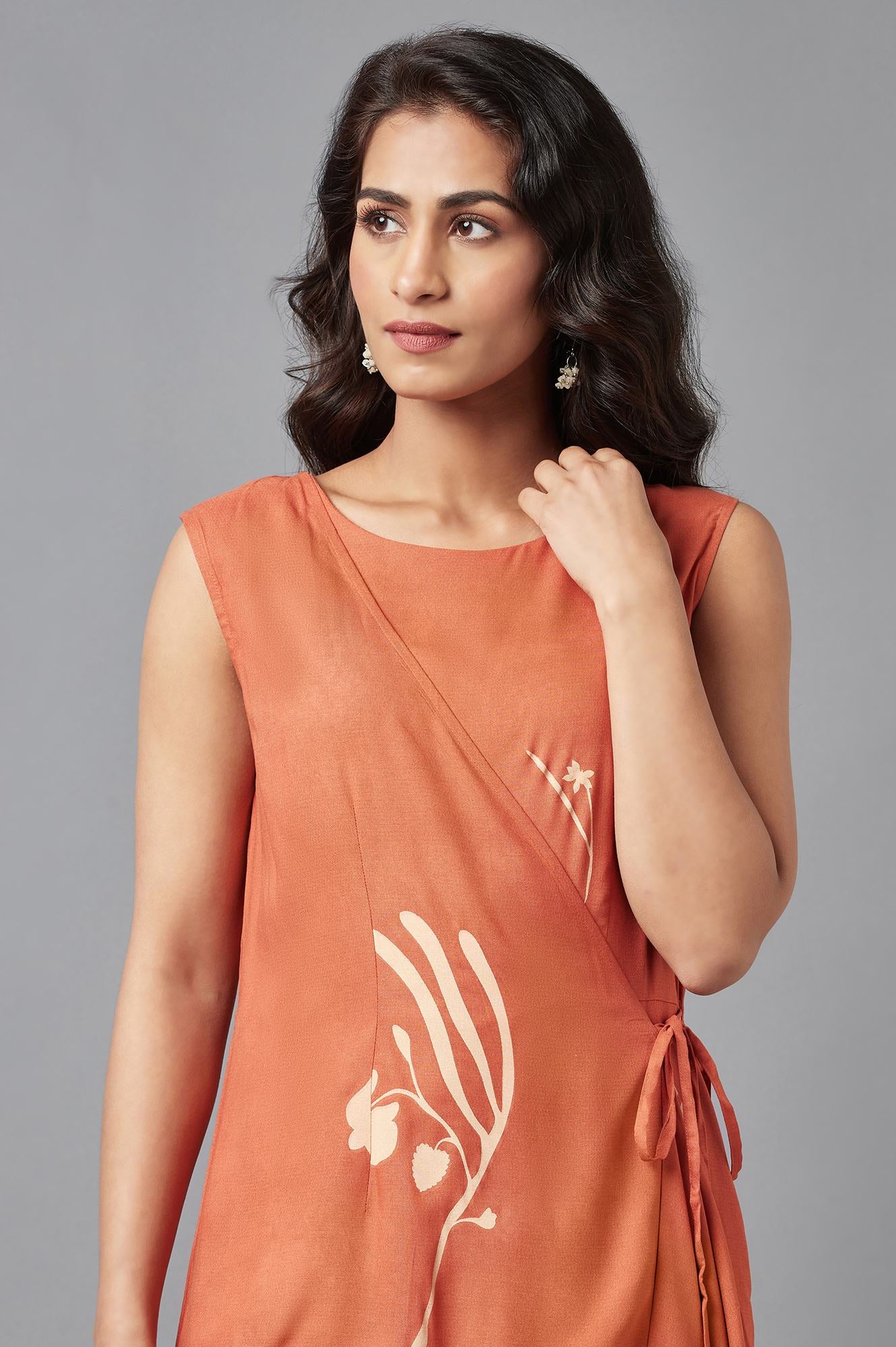 Rust Orange Sleeveless Angrakha Jumpsuit in Round Neck