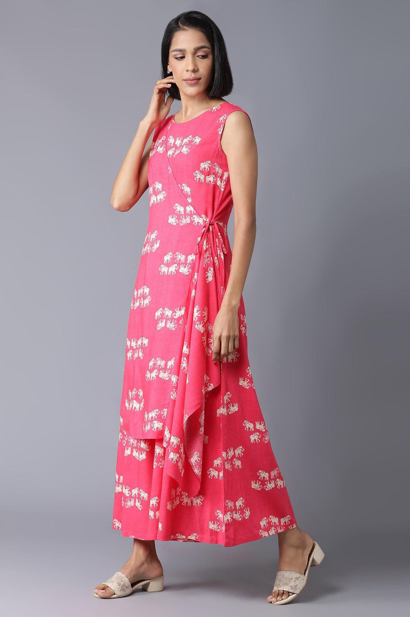 Hot Pink Sleeveless Angrakha Jumpsuit In Round Neck - wforwoman
