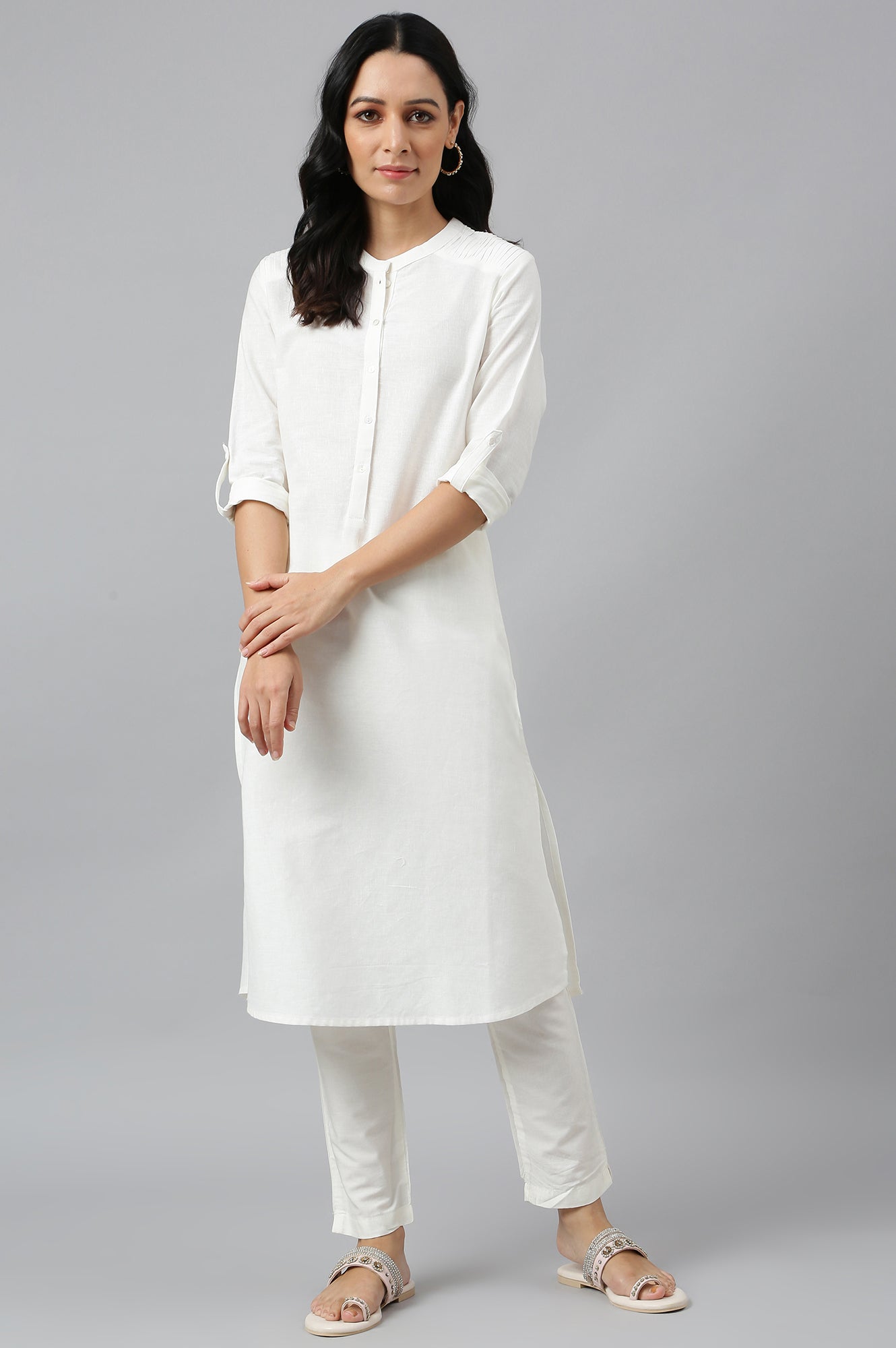 Ecru Half Placket Shirt Kurta - wforwoman