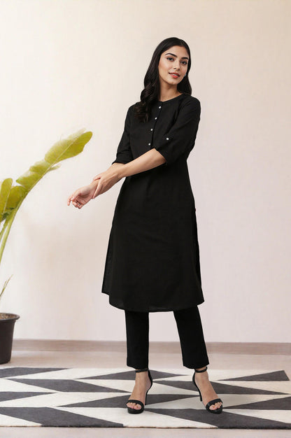 Jet Black Solid Cotton Shirt Kurta in Mandarin Collar