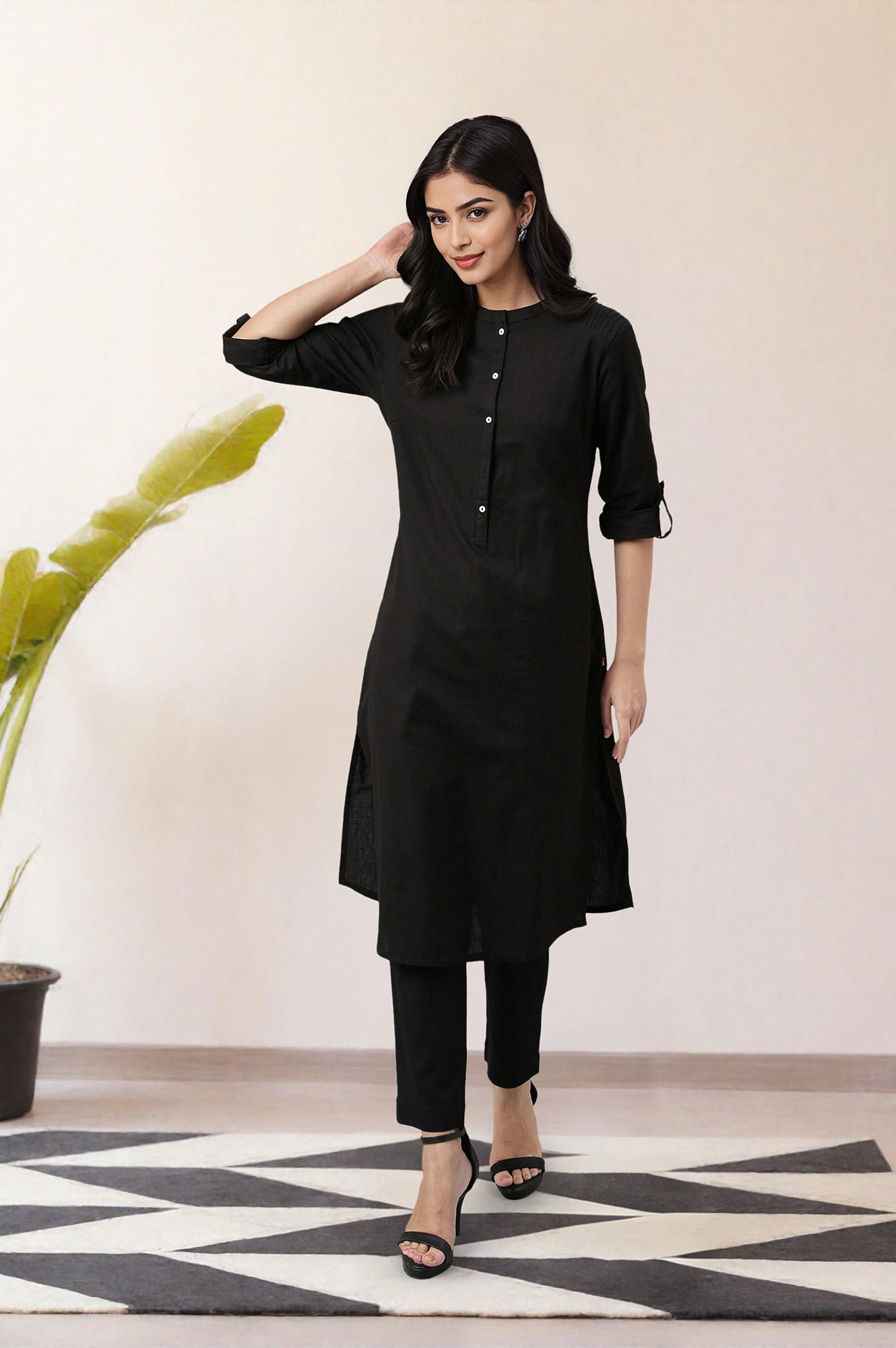 Jet Black Solid Cotton Shirt Kurta in Mandarin Collar