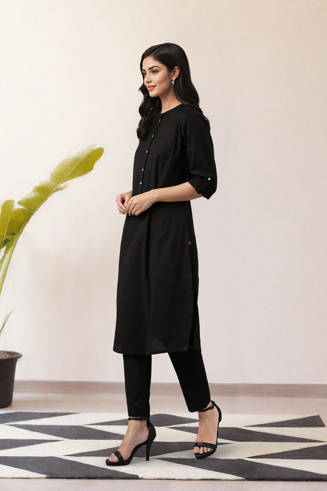 Jet Black Solid Cotton Shirt Kurta in Mandarin Collar