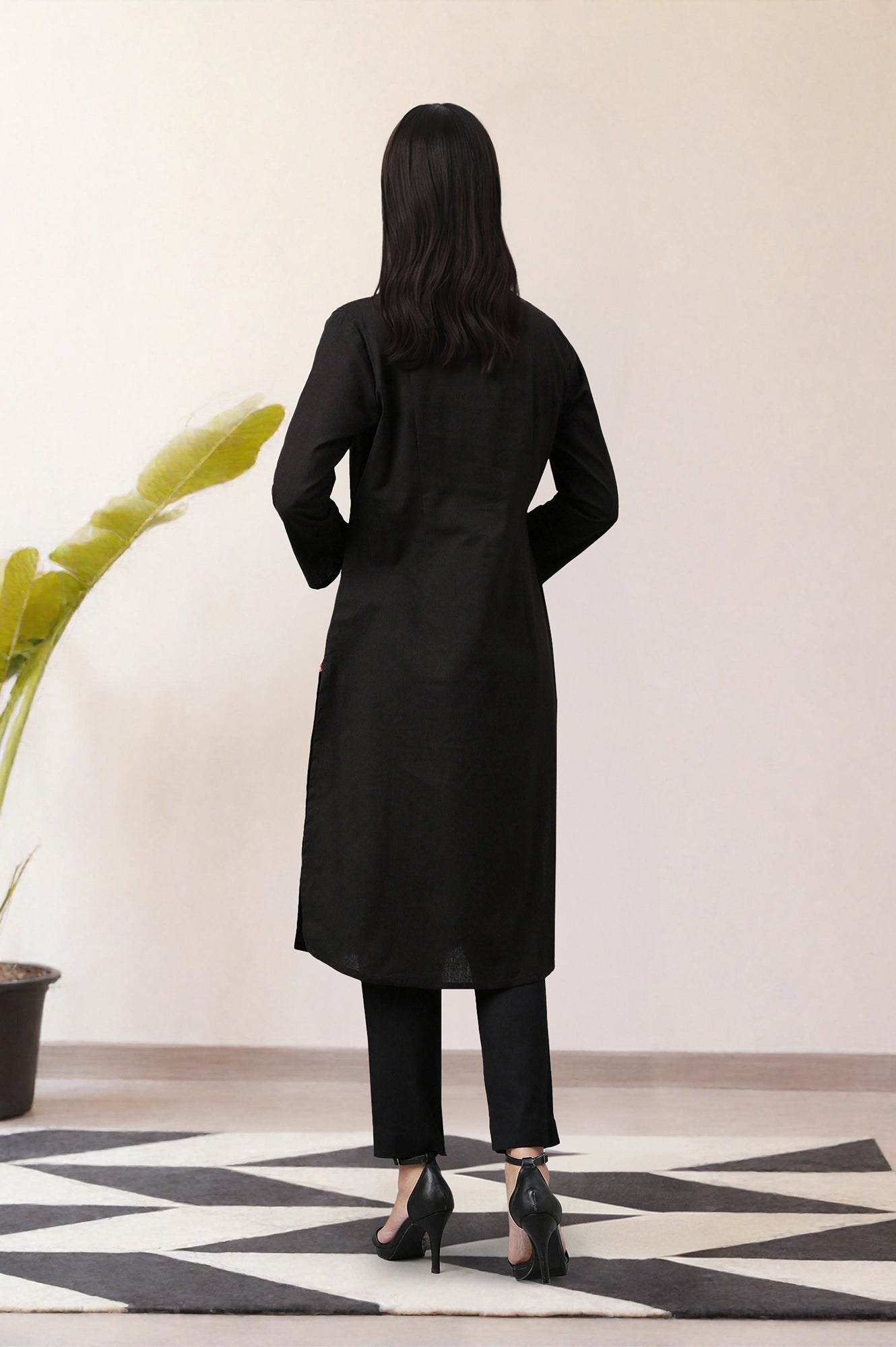 Jet Black Solid Cotton Shirt Kurta in Mandarin Collar