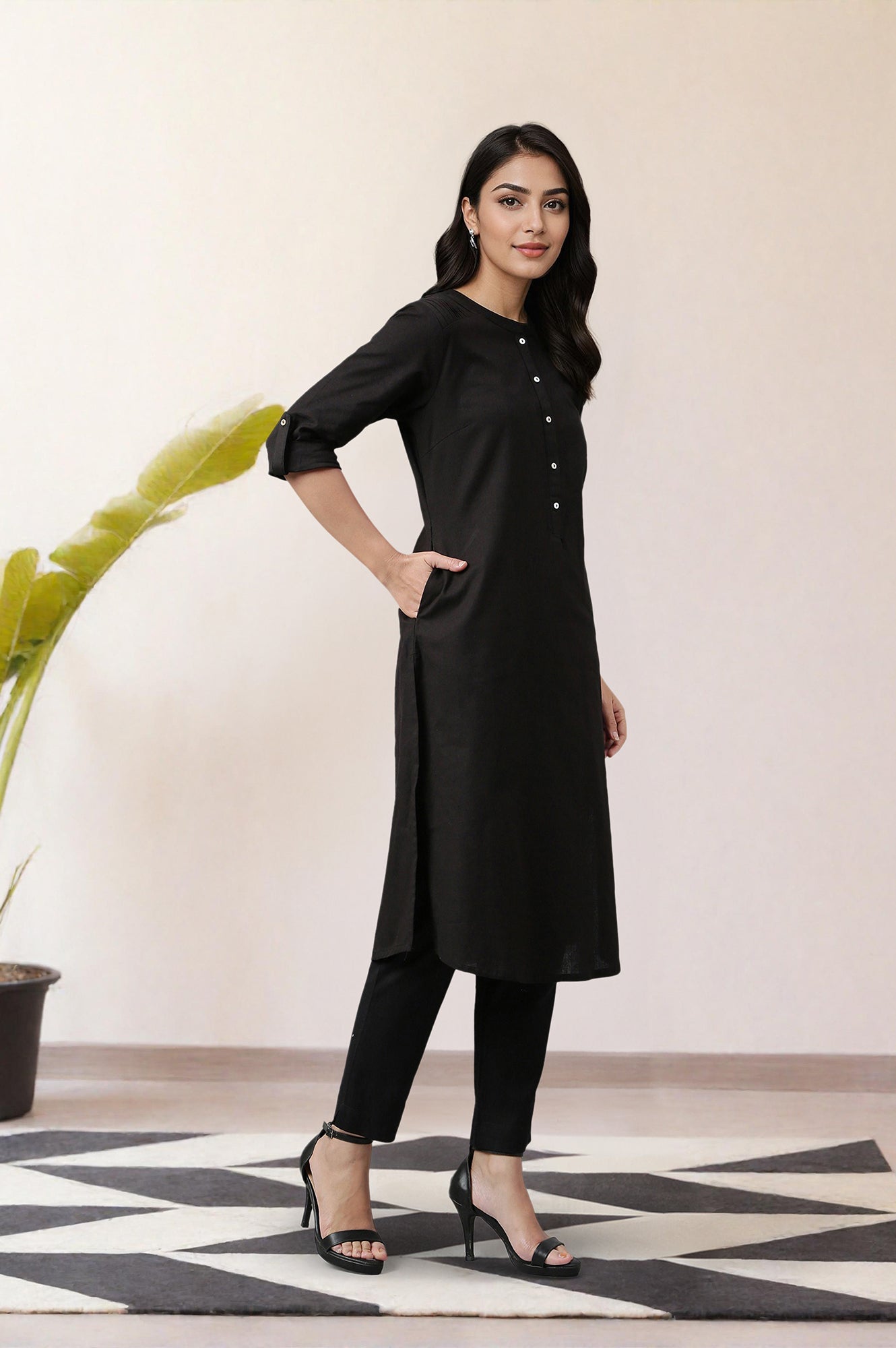 Jet Black Solid Cotton Shirt Kurta in Mandarin Collar