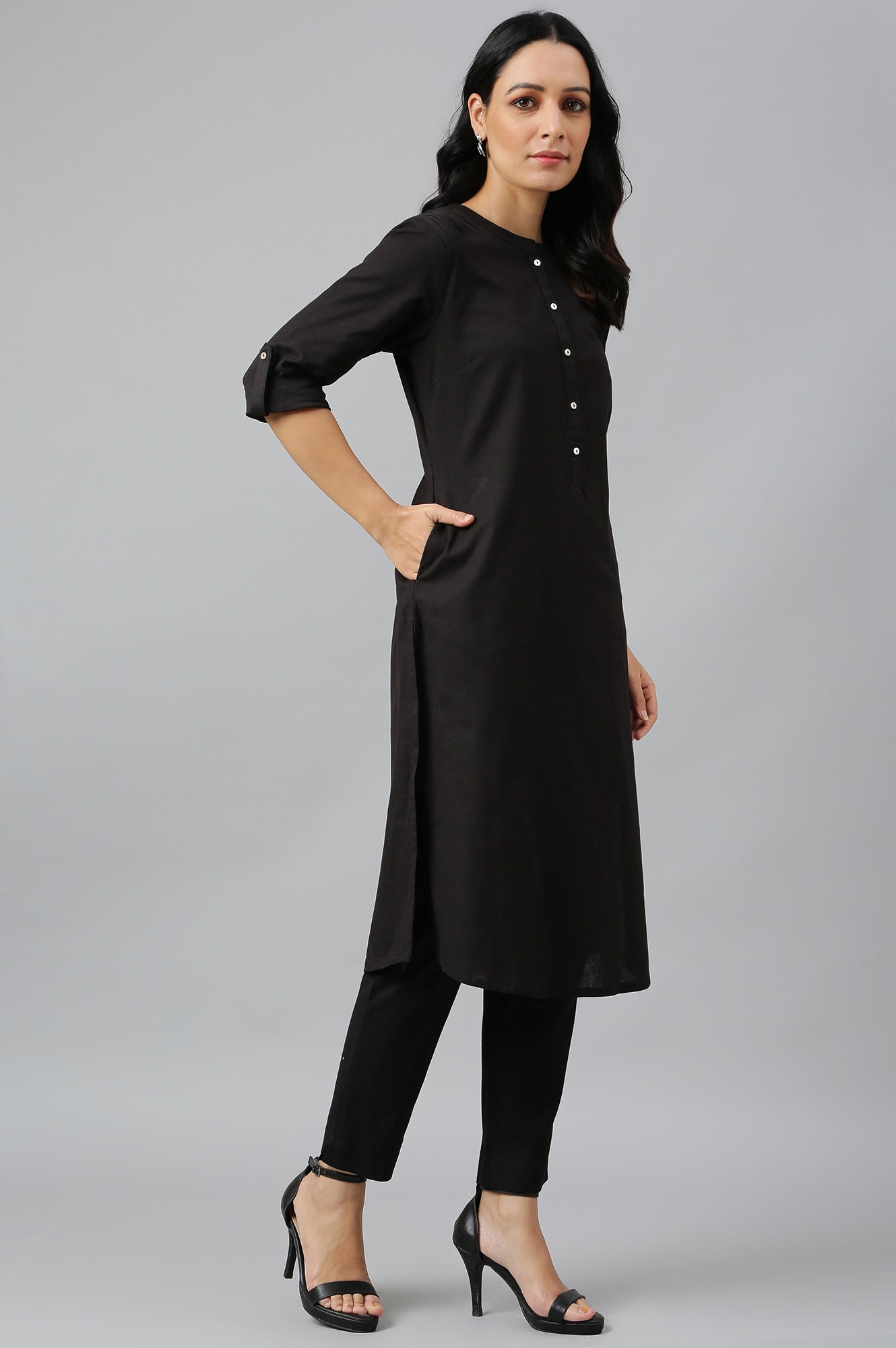 Jet Black Half Placket Shirt kurta