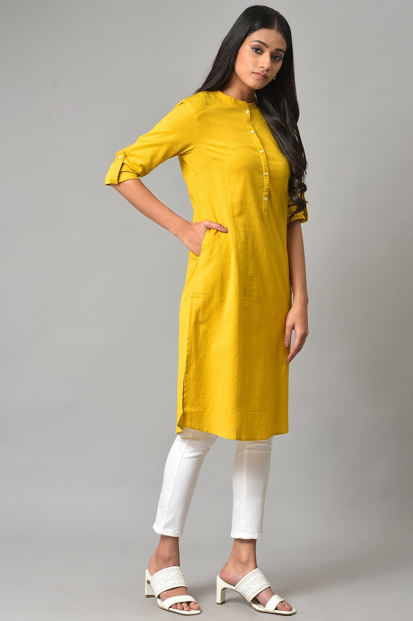 Light Yellow Half Placket Shirt kurta