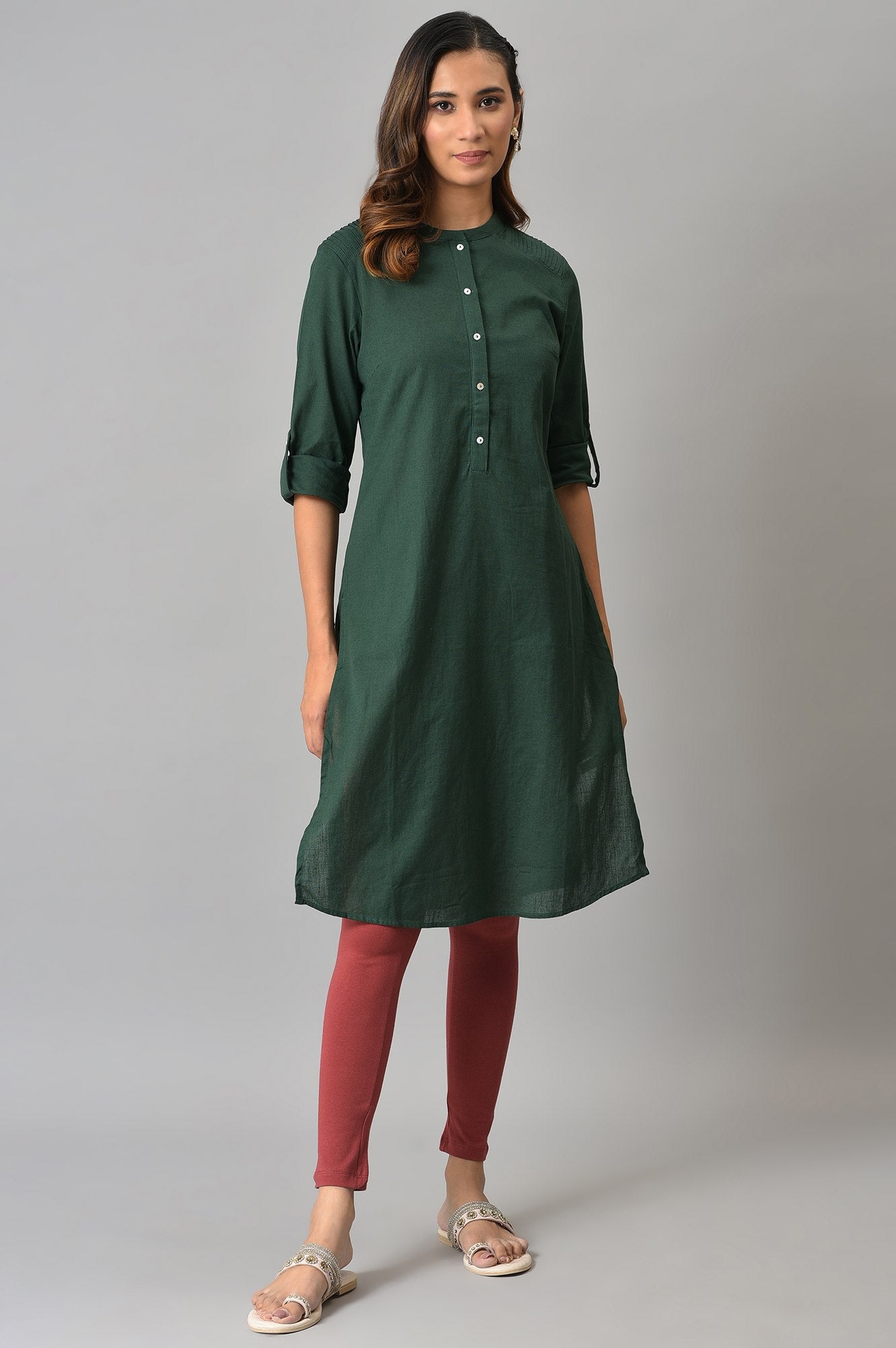 Dark Green Half Placket Shirt kurta