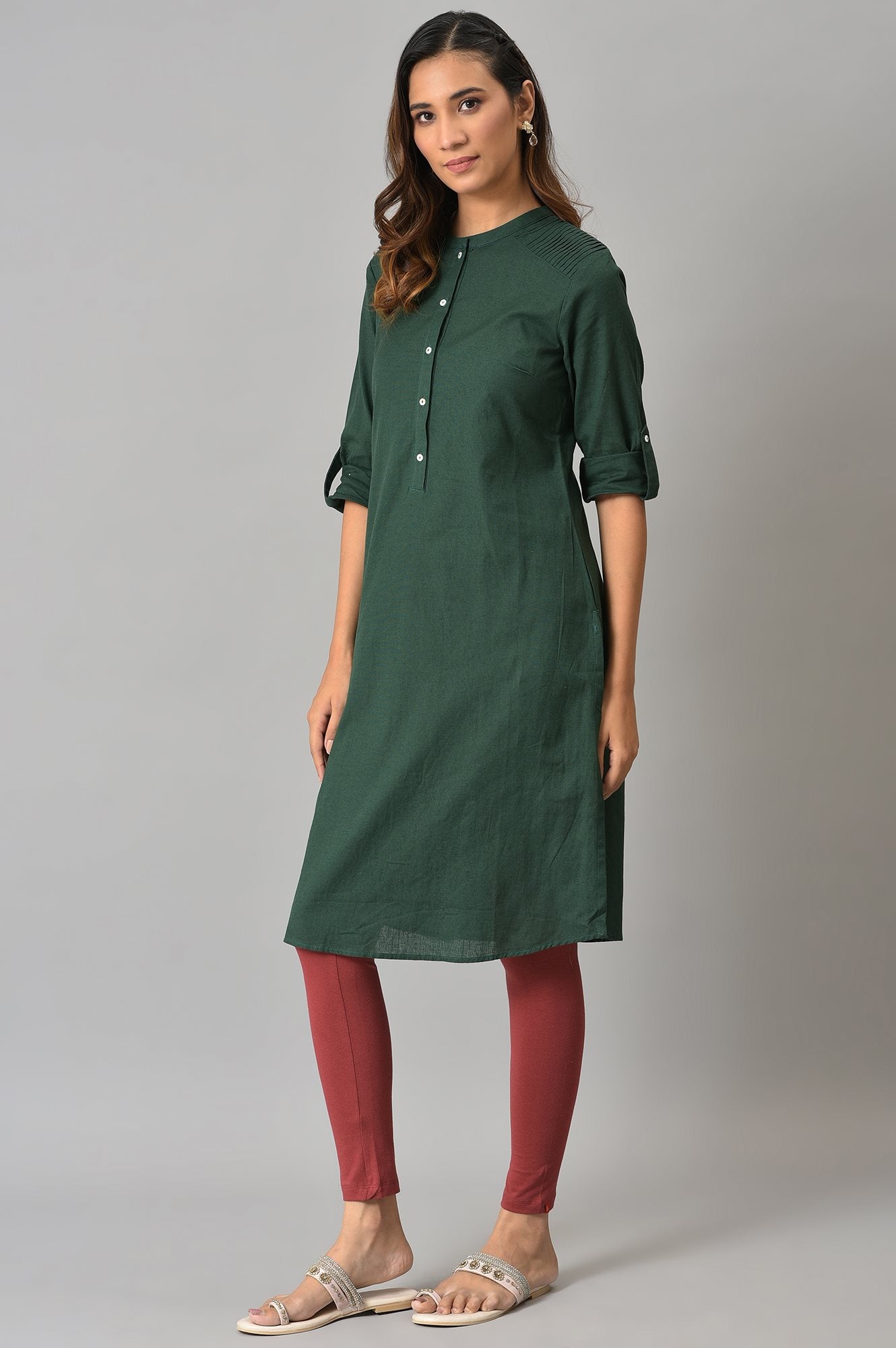 Dark Green Half Placket Shirt kurta