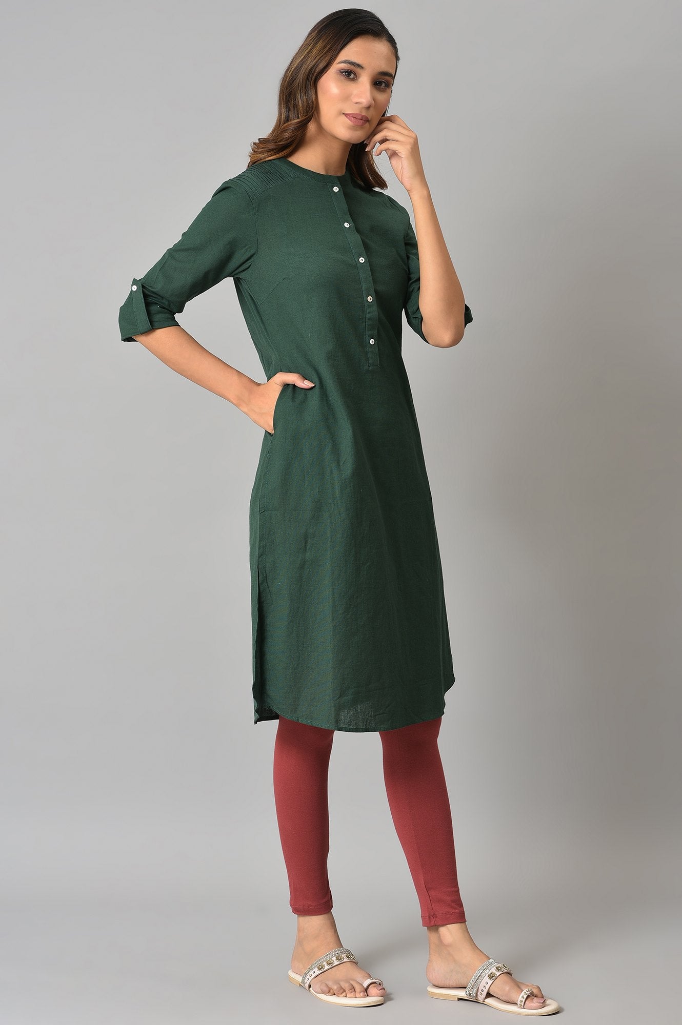 Dark Green Half Placket Shirt kurta