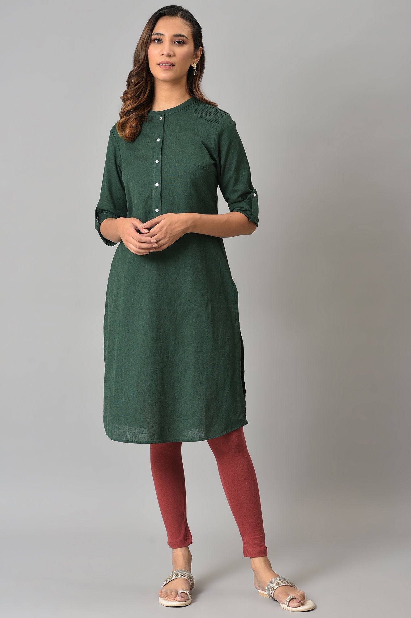 Dark Green Half Placket Shirt kurta