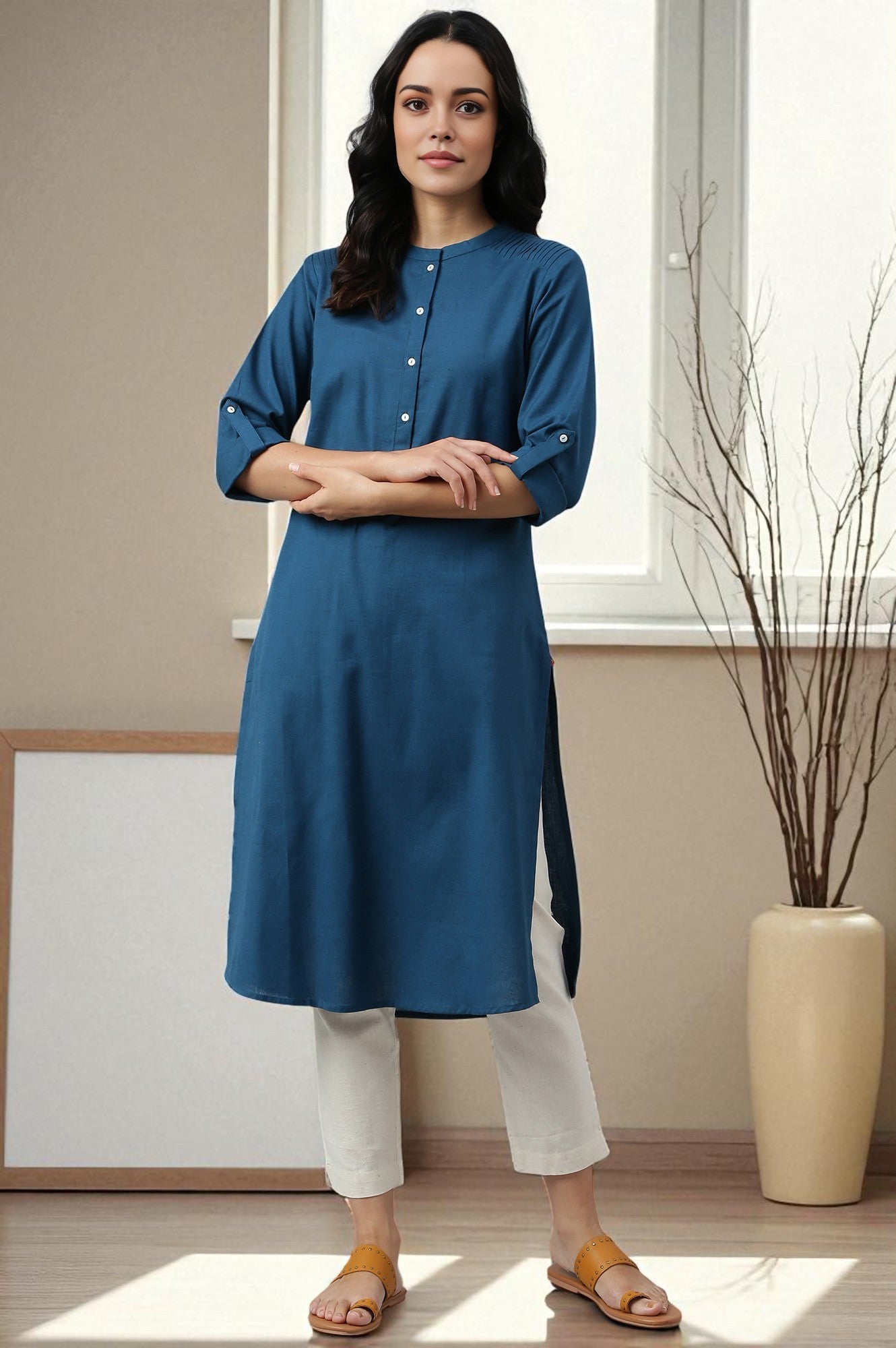 Blue Solid Cotton Shirt Kurta in Mandarin Collar