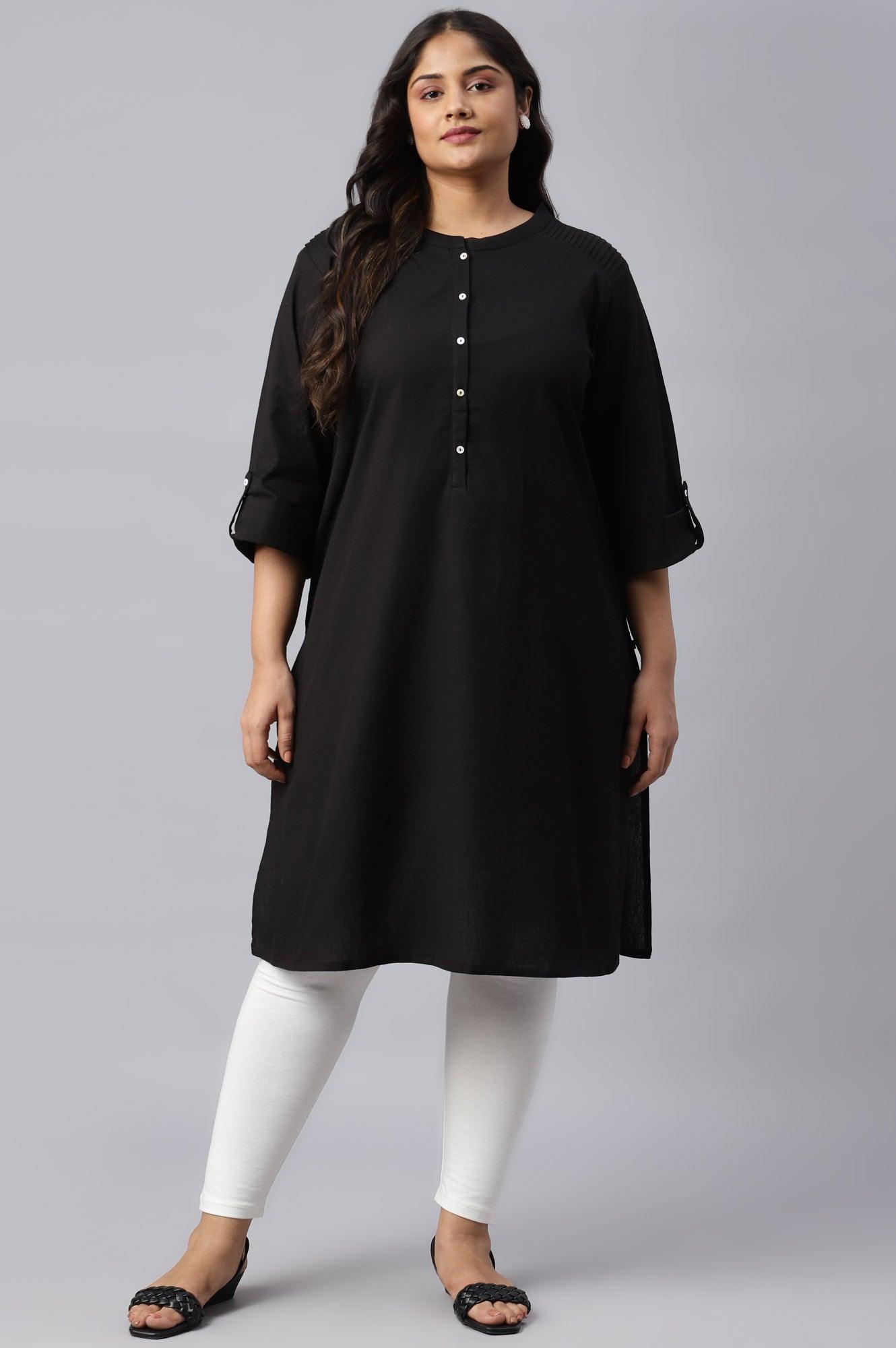 Jet Black Half Placket Plus Size Shirt kurta - wforwoman