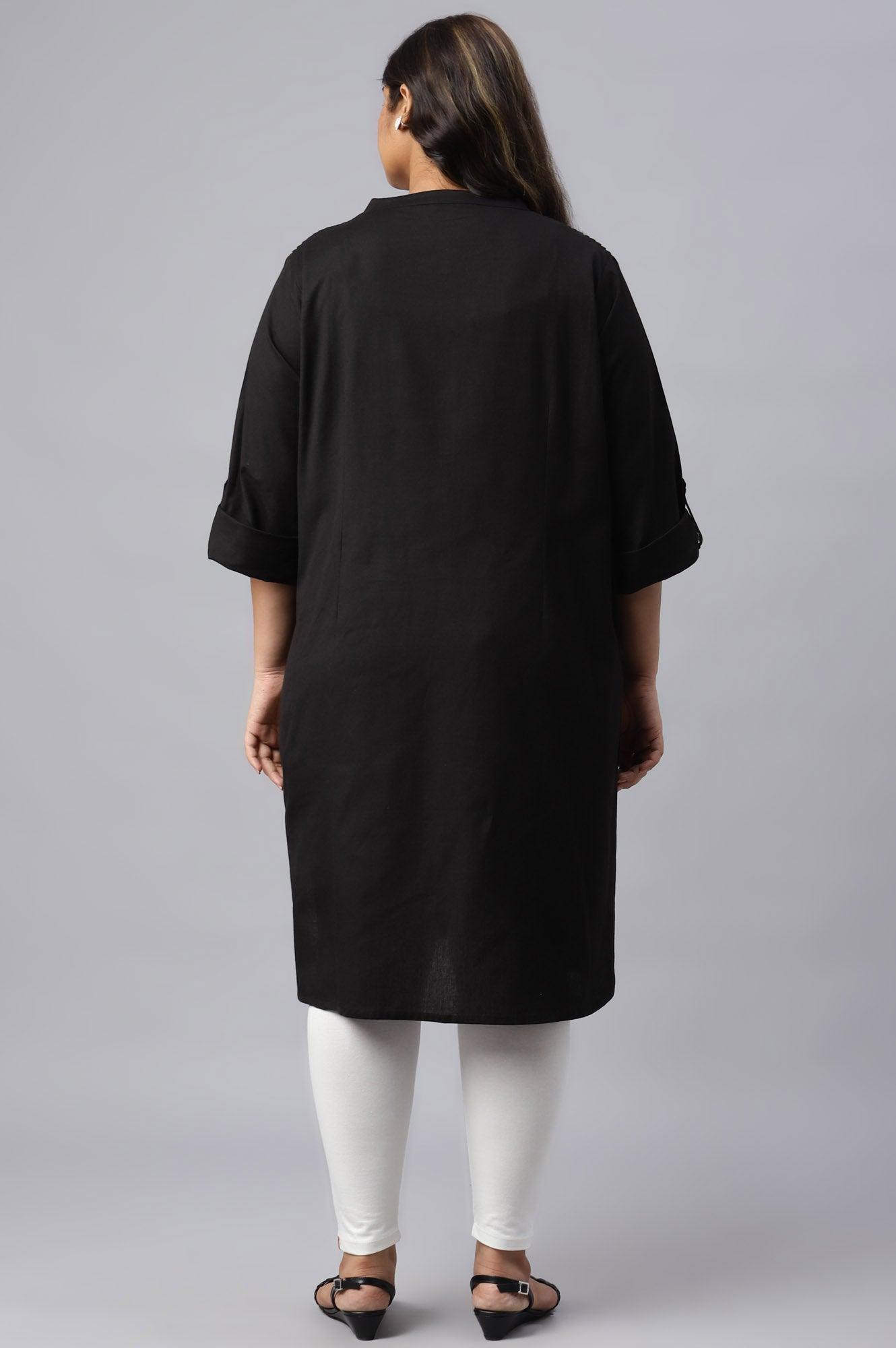 Jet Black Half Placket Plus Size Shirt kurta - wforwoman