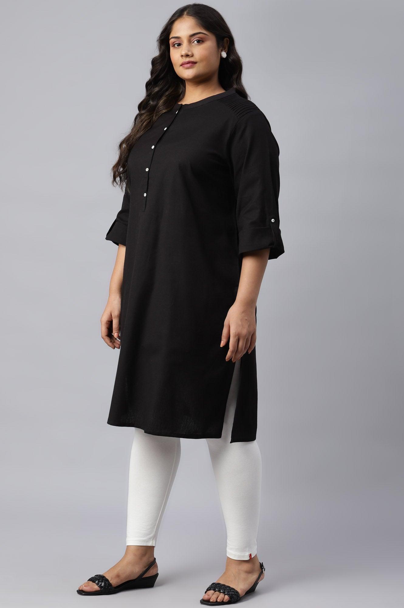 Jet Black Half Placket Plus Size Shirt kurta - wforwoman