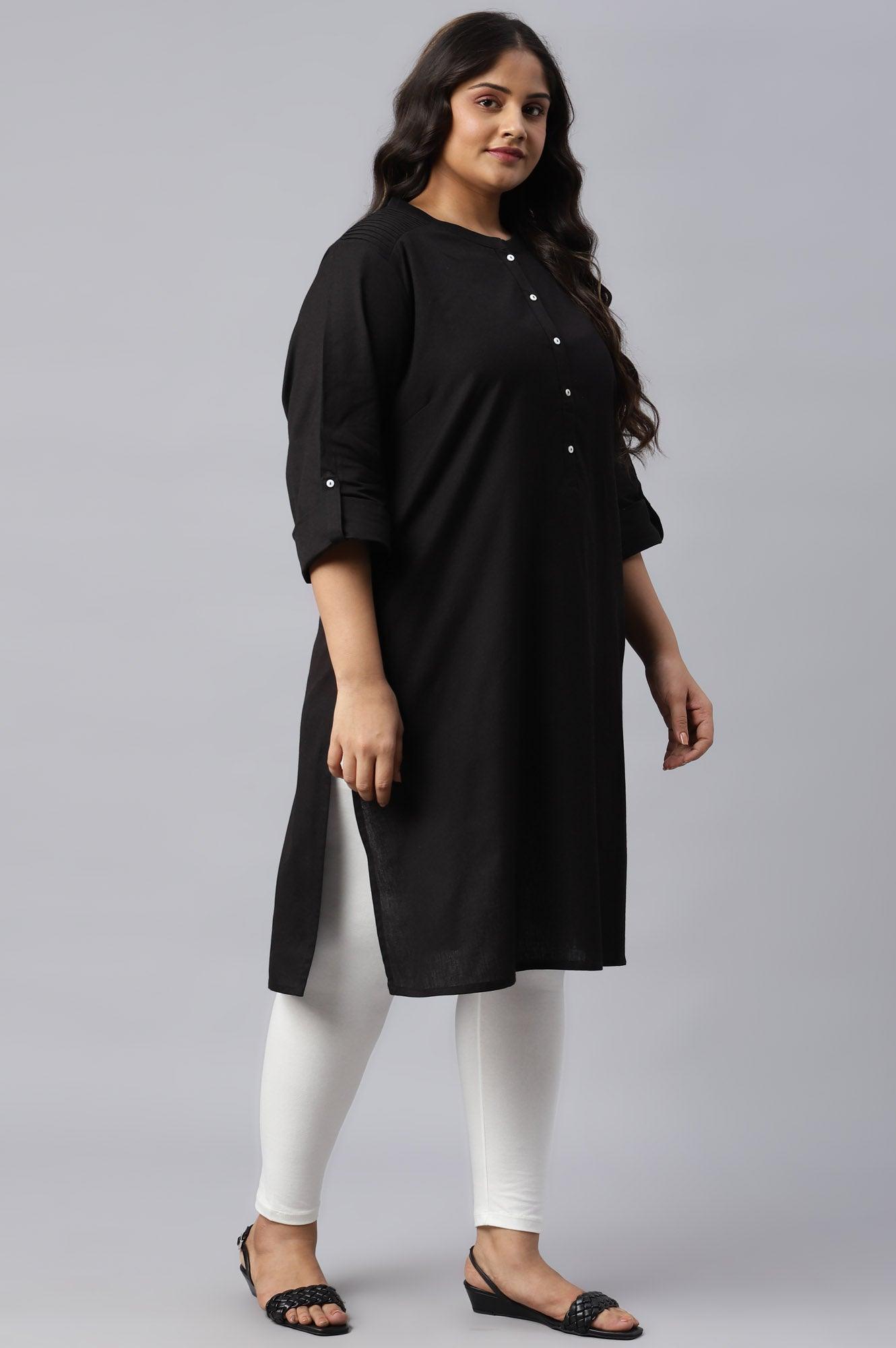 Jet Black Half Placket Plus Size Shirt kurta - wforwoman