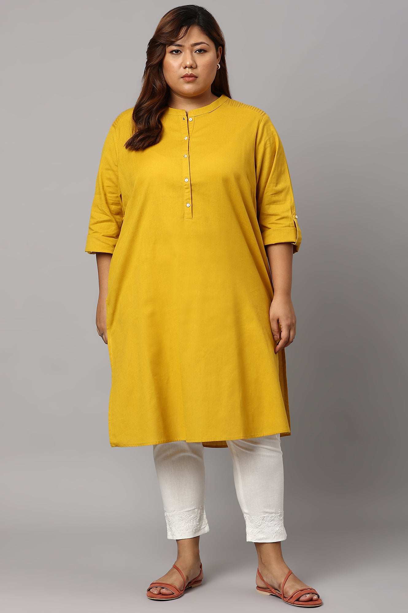 Light Yellow Half Placket Plus Size Shirt kurta