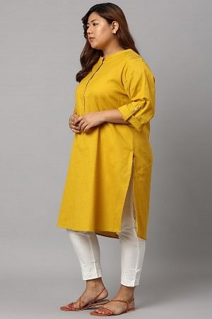 Light Yellow Half Placket Plus Size Shirt kurta with Ecru Slim Pants