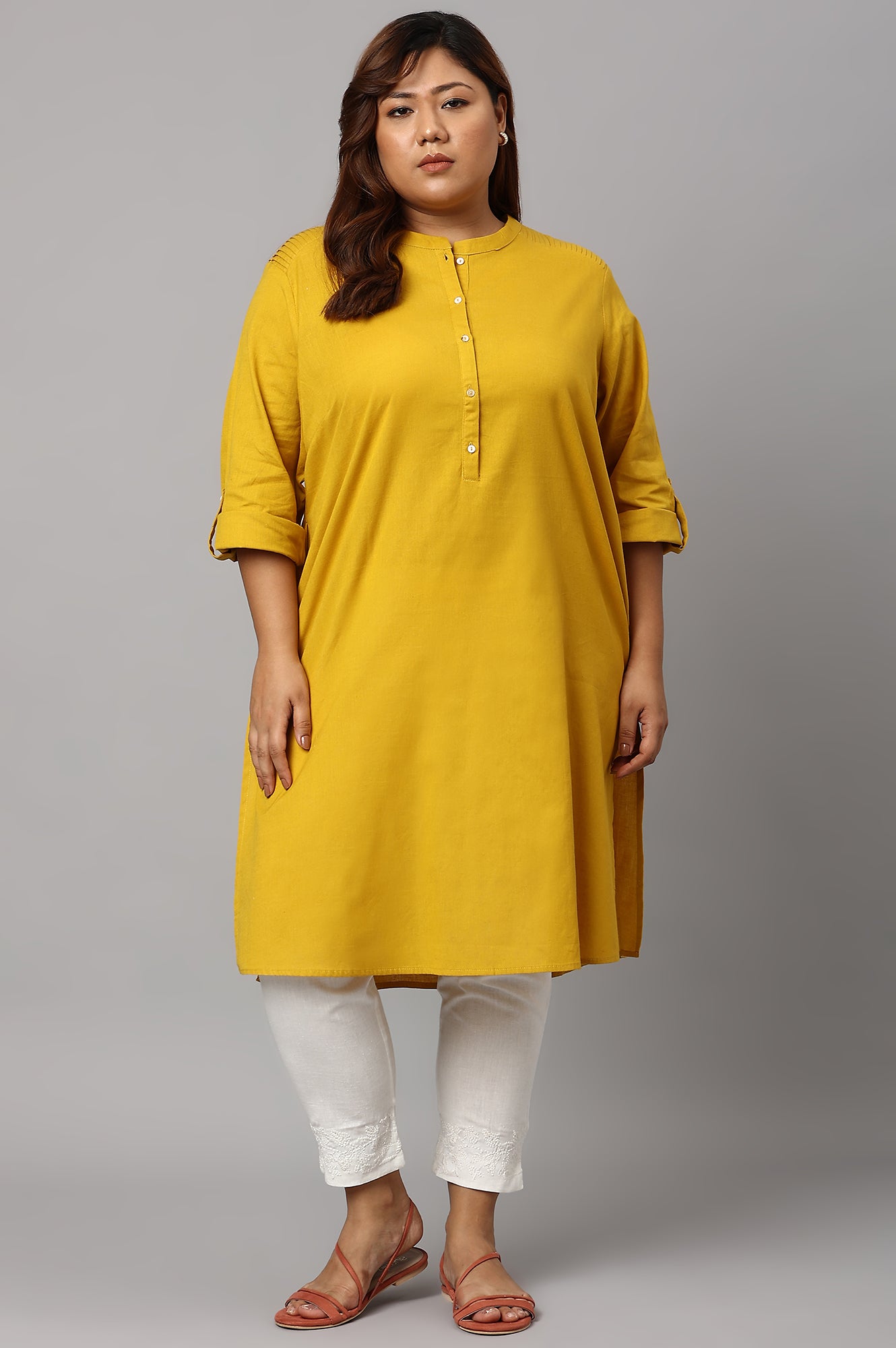 Light Yellow Half Placket Plus Size Shirt kurta