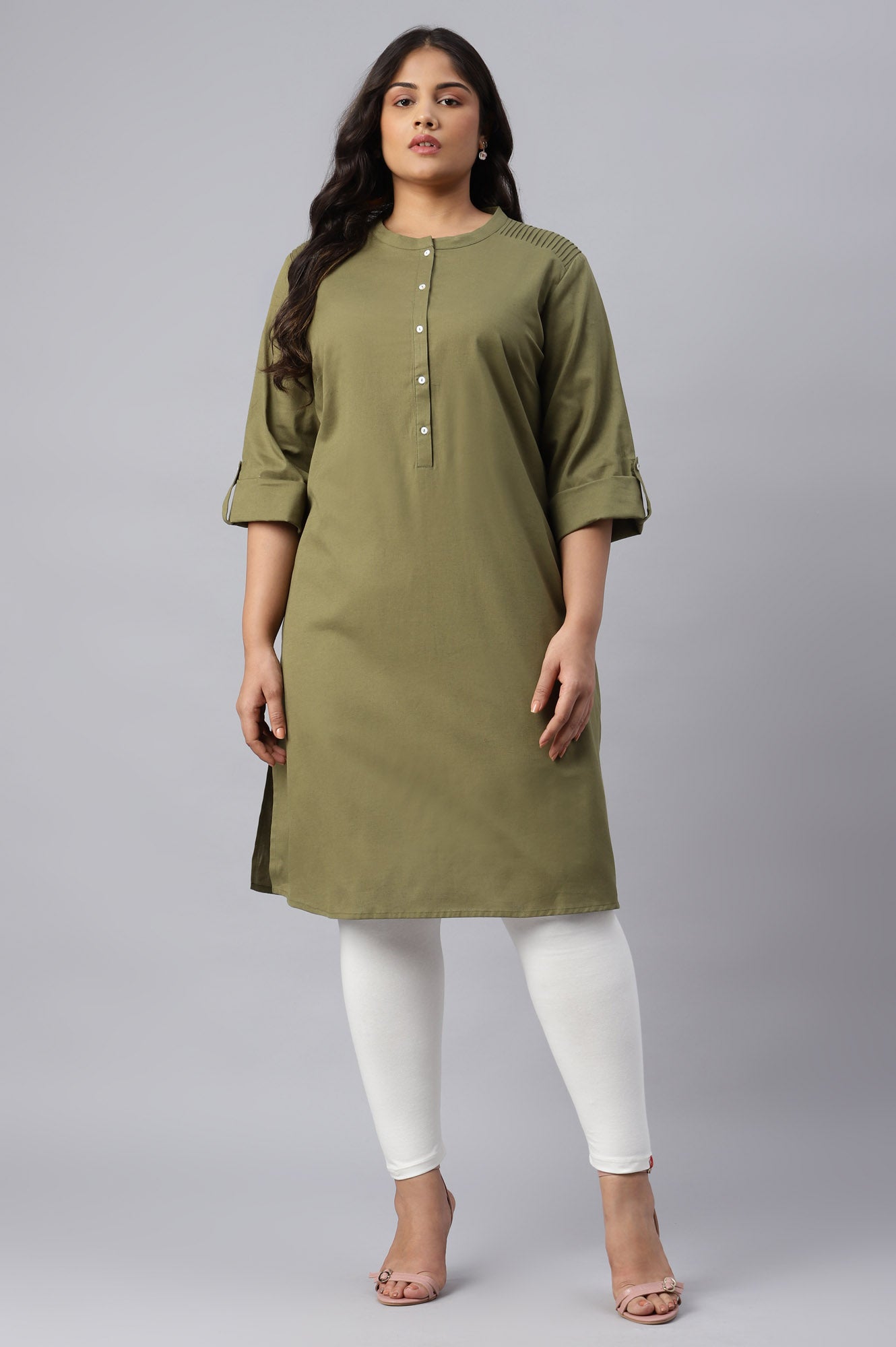 Green Half Placket Plus Size Shirt kurta