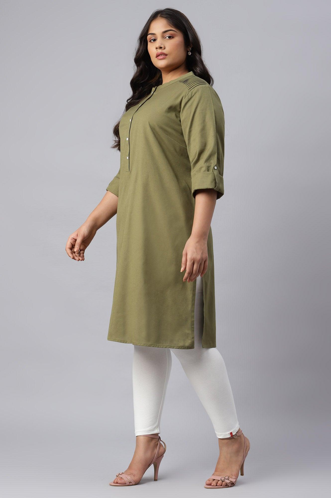 Green Half Placket Plus Size Shirt kurta - wforwoman