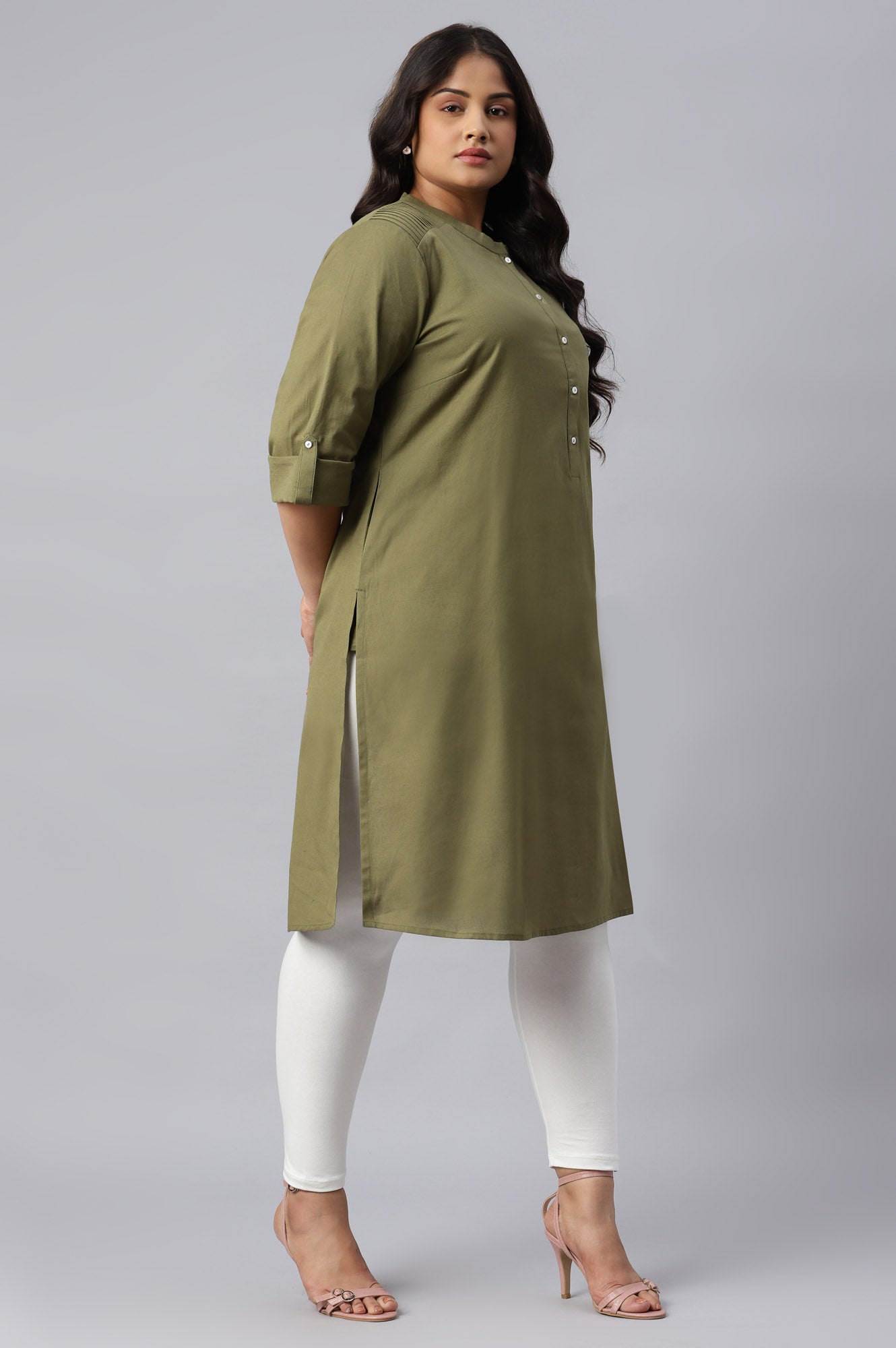 Green Half Placket Plus Size Shirt kurta