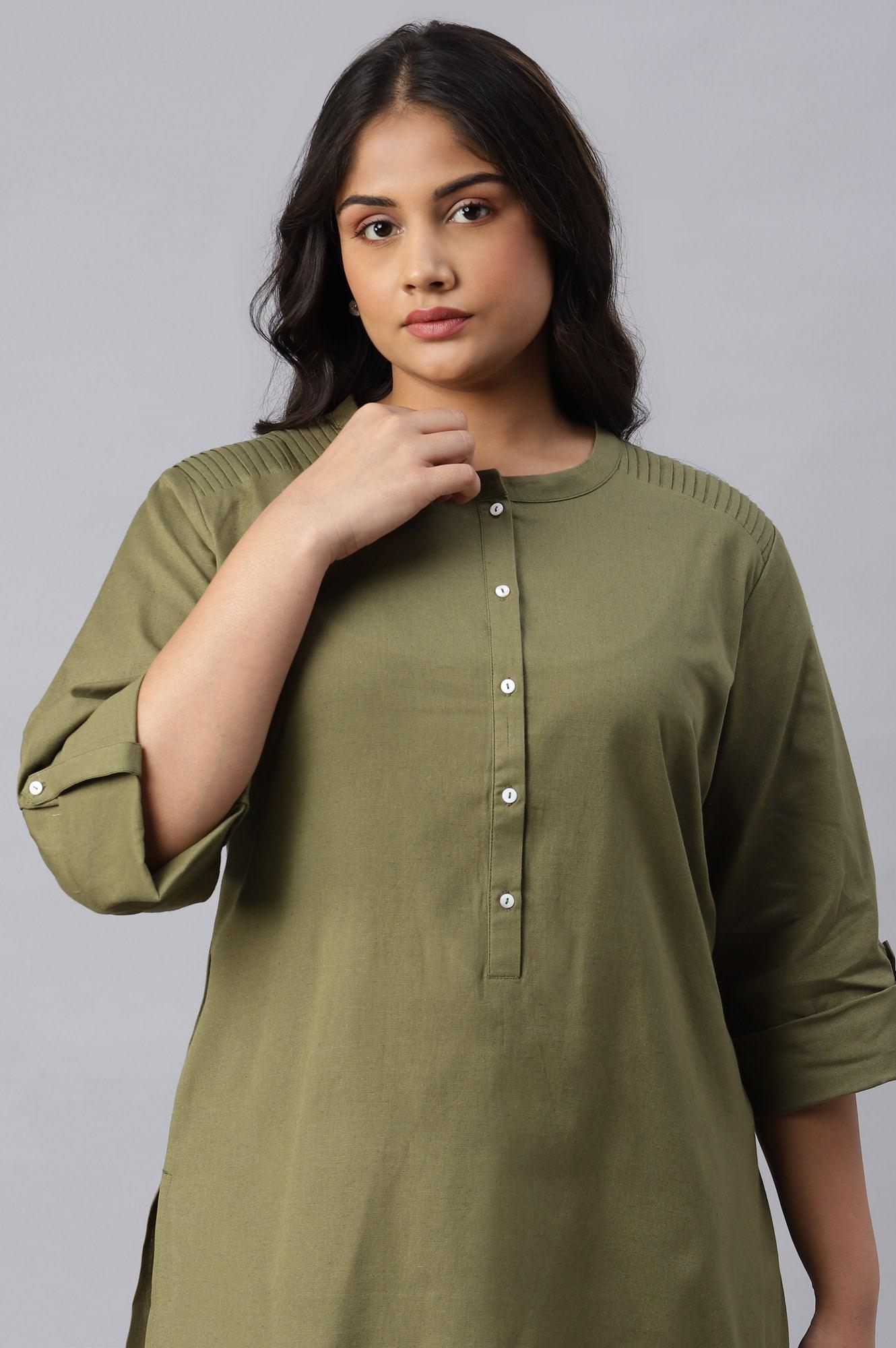 Green Half Placket Plus Size Shirt kurta - wforwoman