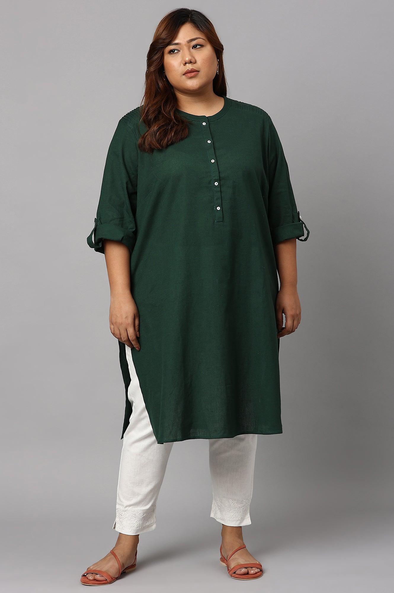 Dark Green Half Placket Plus Size Shirt kurta - wforwoman